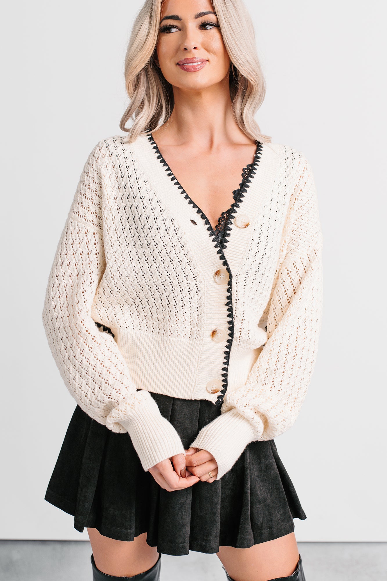 Darling Hour Cable Knit Contrast Cardigan (Ivory/Black)