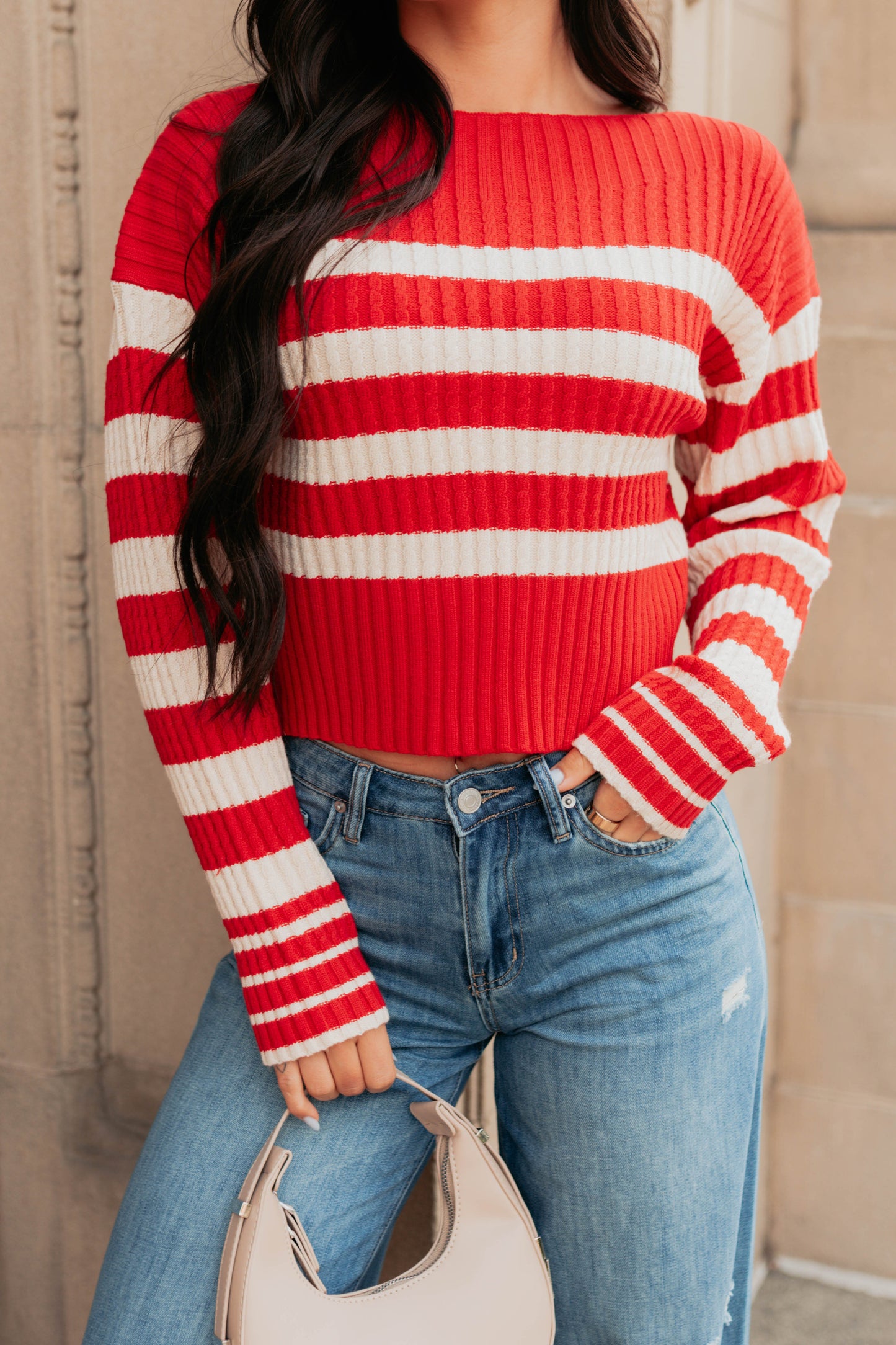 Give And Take Striped Boat Neck Sweater (Red)