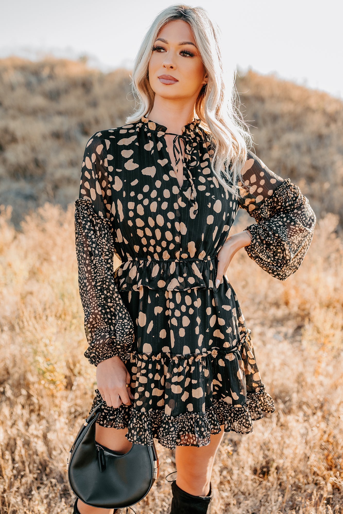 Good As Gold Chiffon Ruffle Mini Dress (Black Print)