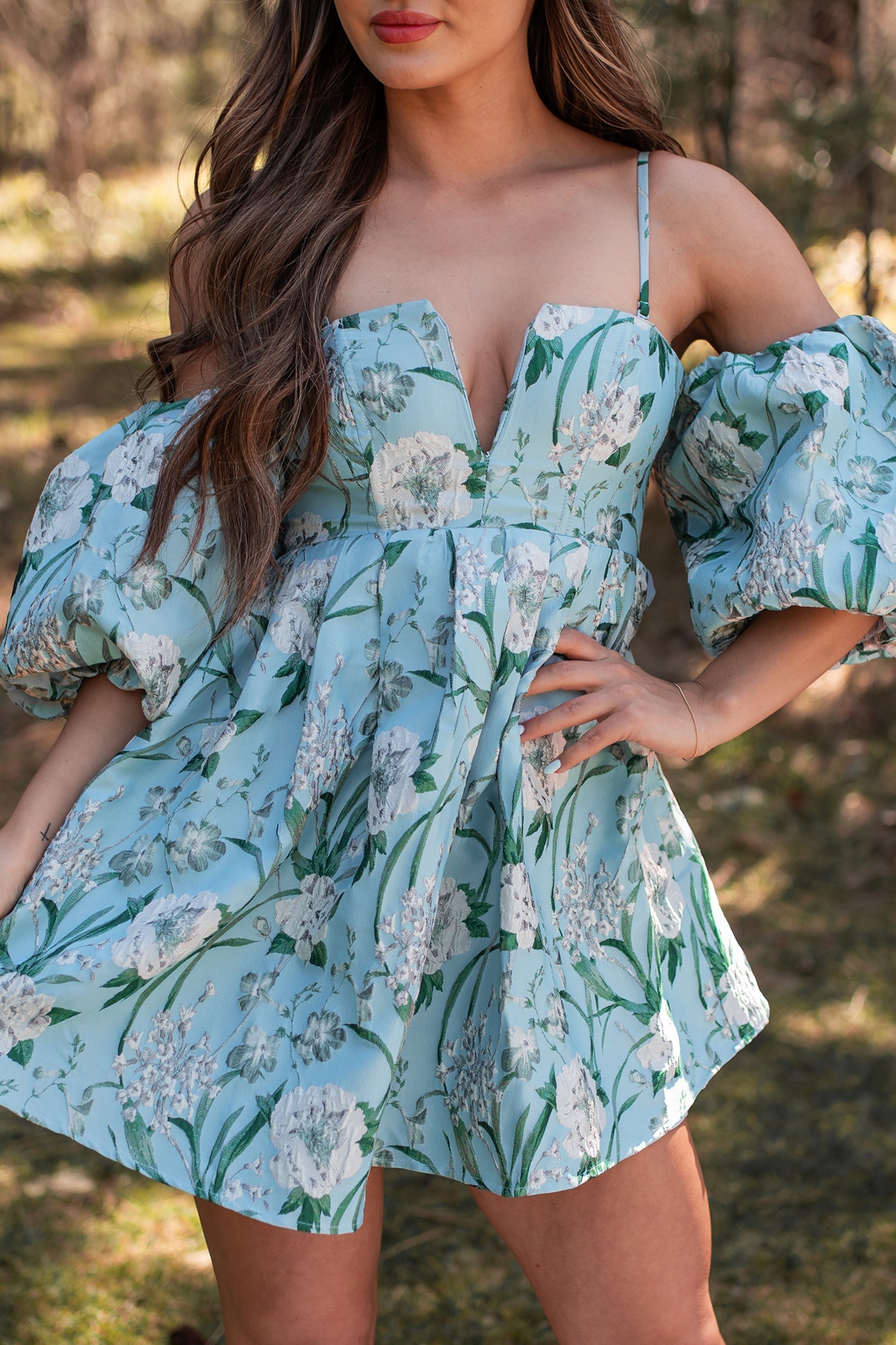 The Beauty Within Off The Shoulder Floral Mini Dress (Aqua Blue)