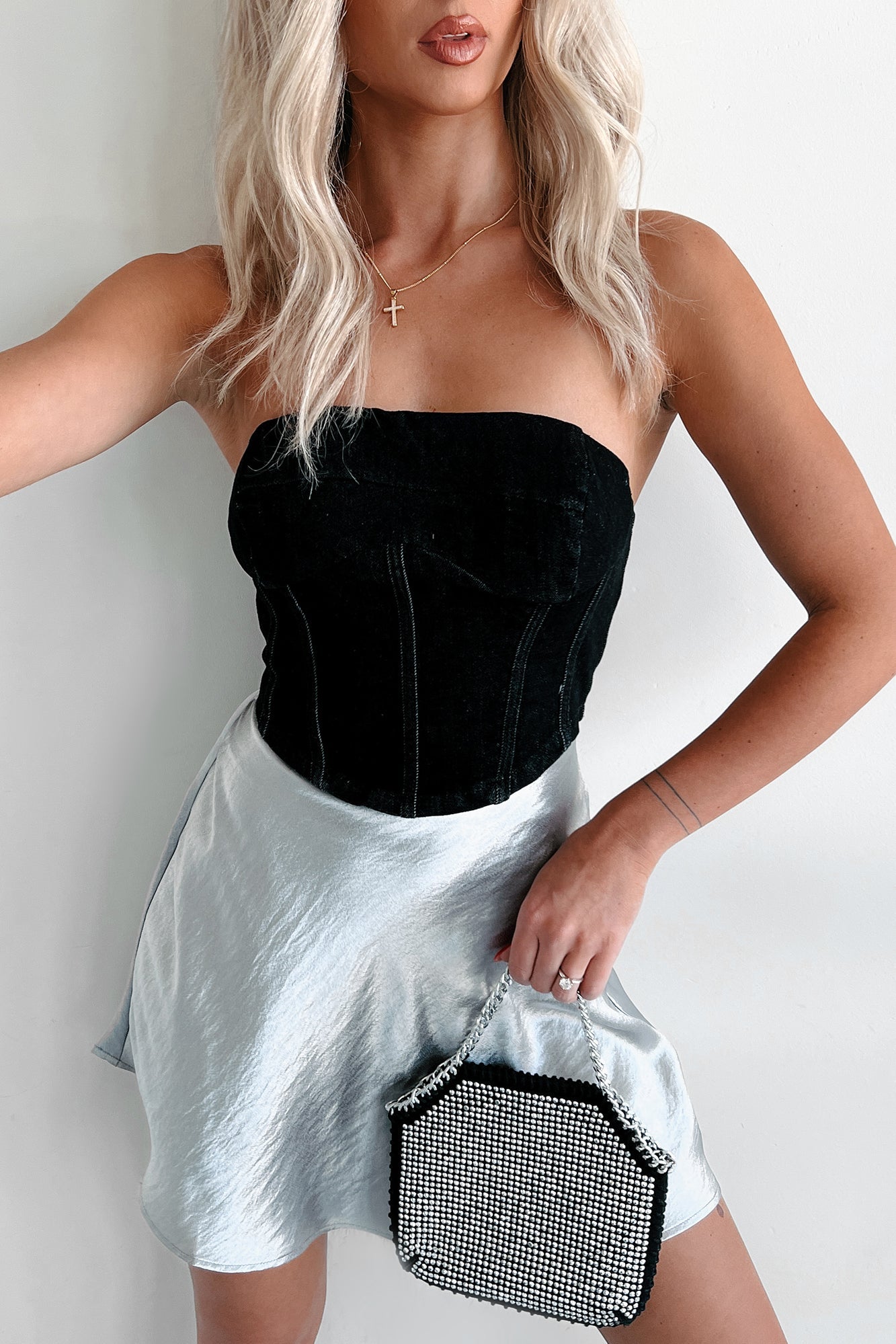 Burned Bridges Strapless Denim Crop Top (Black)