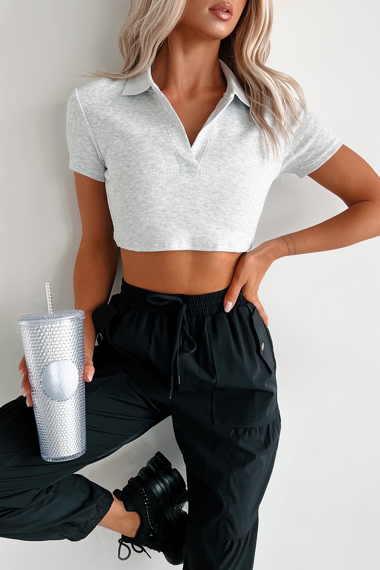 Epitome Of Easy Polo Crop Top (Light Grey)
