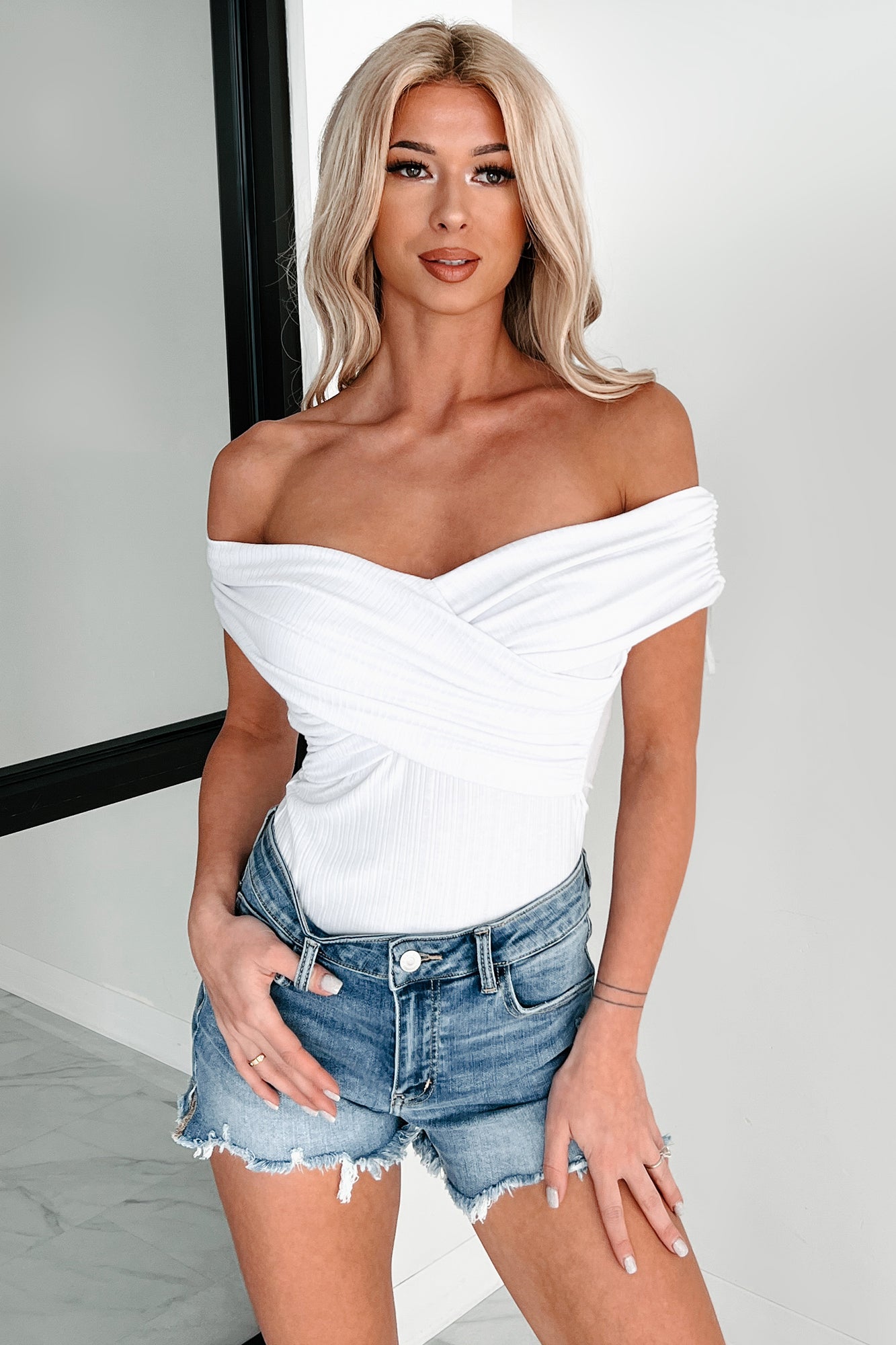 Had Me At Hello Off The Shoulder Ribbed Cross-Over Bodysuit (White)