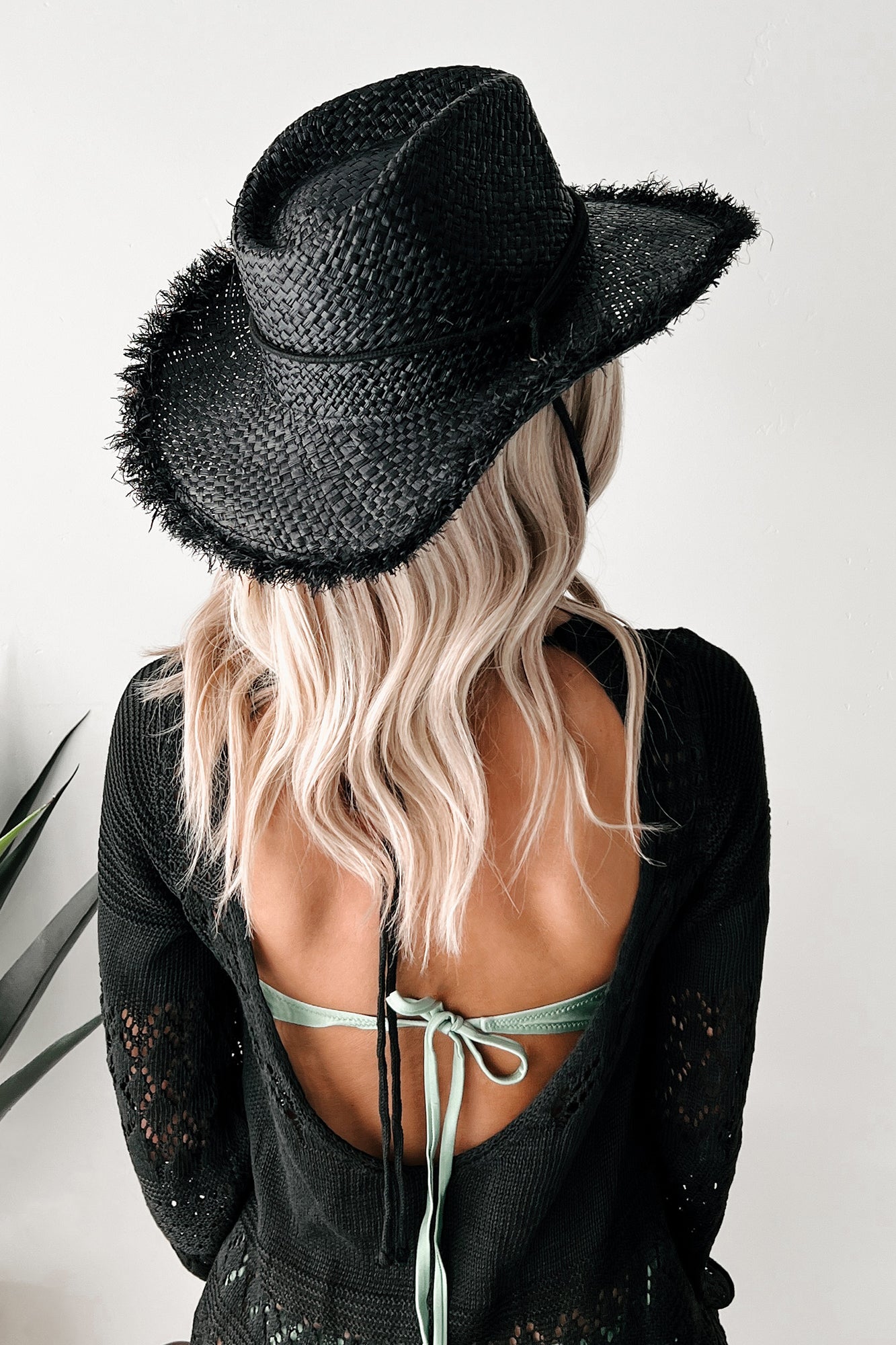 Beachy Dreams Frayed Edge Straw Cowboy Hat (Black)
