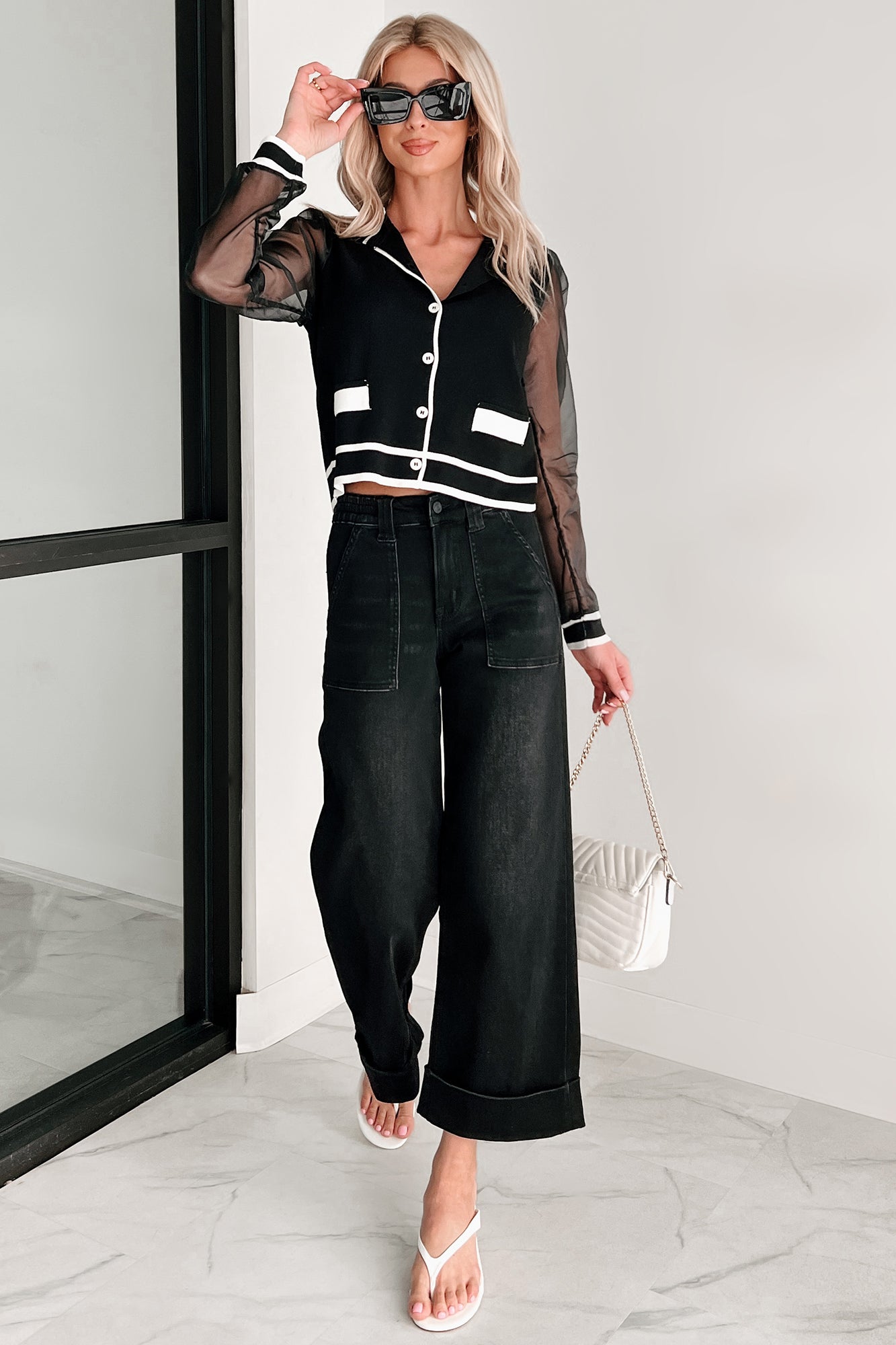 Chic Perception Organza Sleeve Cardigan (Black/Ivory)