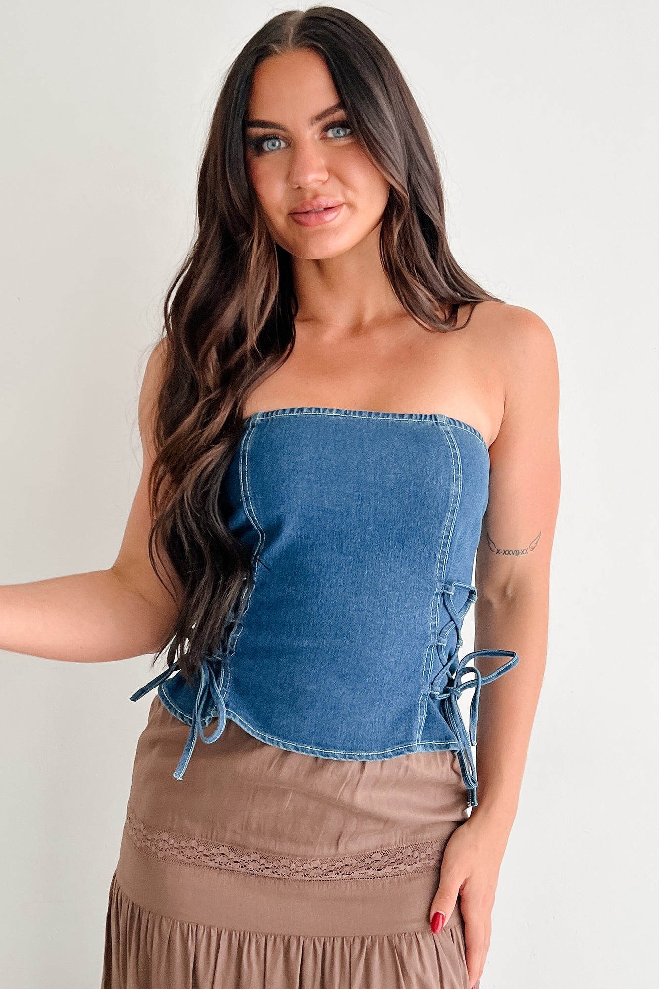 Lipstick & Lethal Strapless Lace-Up Top (Denim)