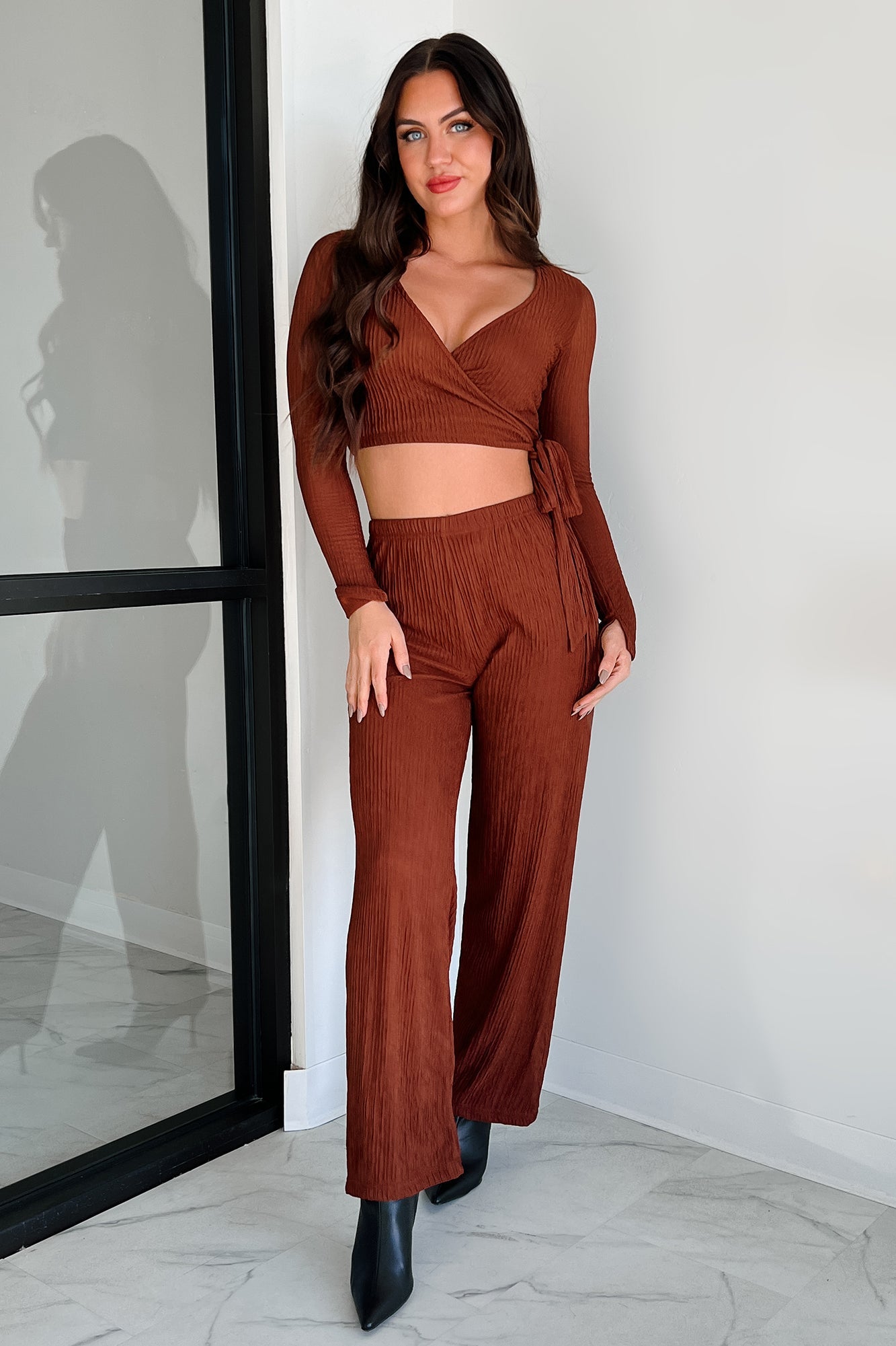 Following My Intuition Crinkled Plisse Wrap Top & Pants Set (Ancora Red)