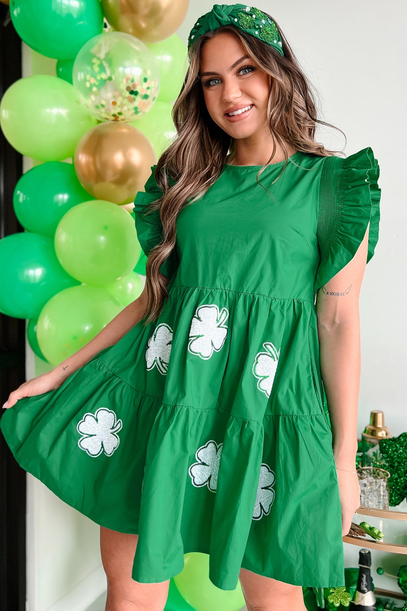 Aisling Sequin Clover Mini Dress (Green)