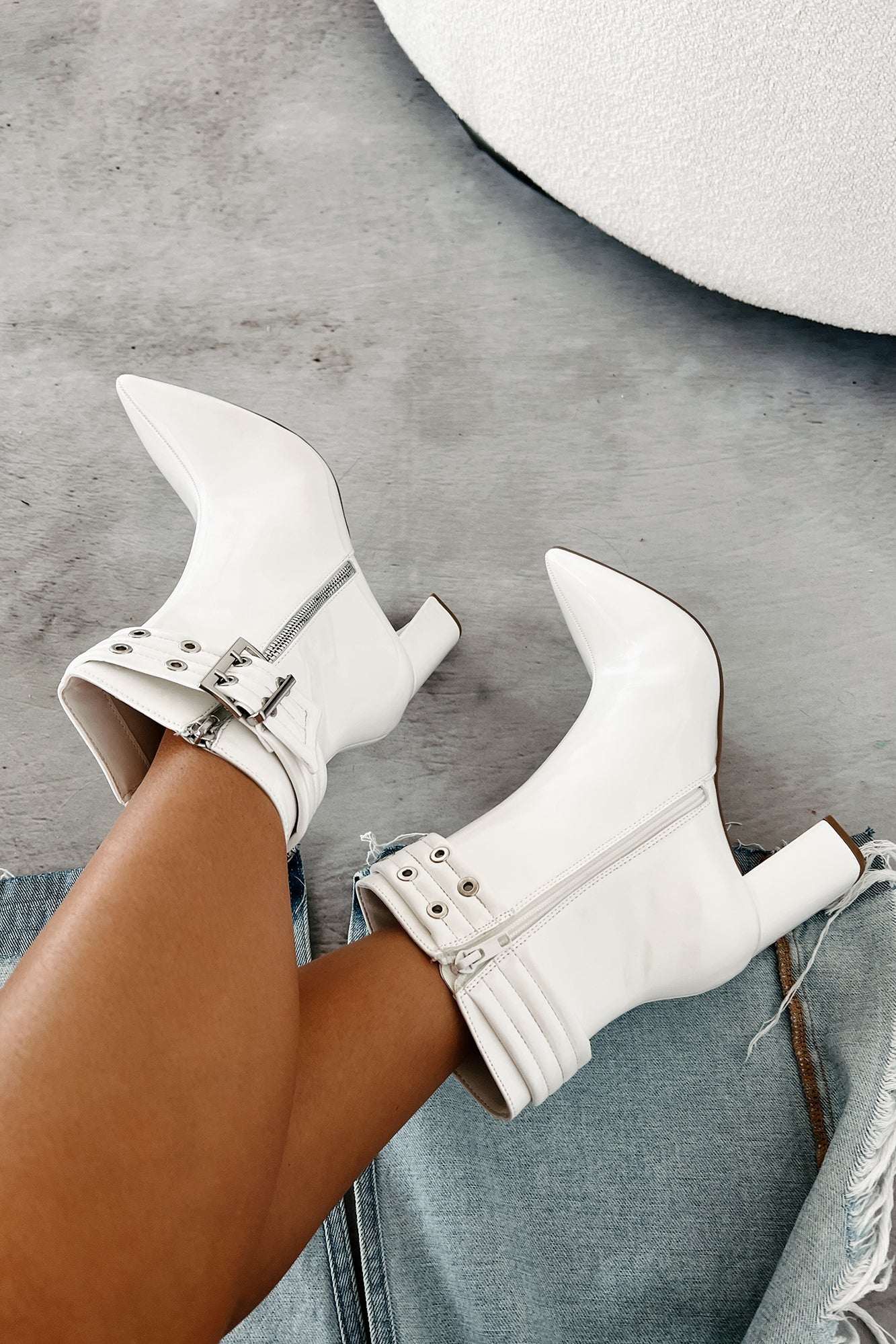 Jestina Patent Leather Booties (White)