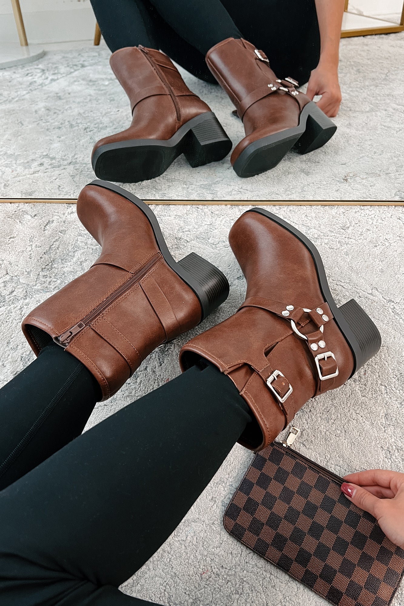 Tough As Nails Buckle Strap Chunky Biker Booties (Brown)
