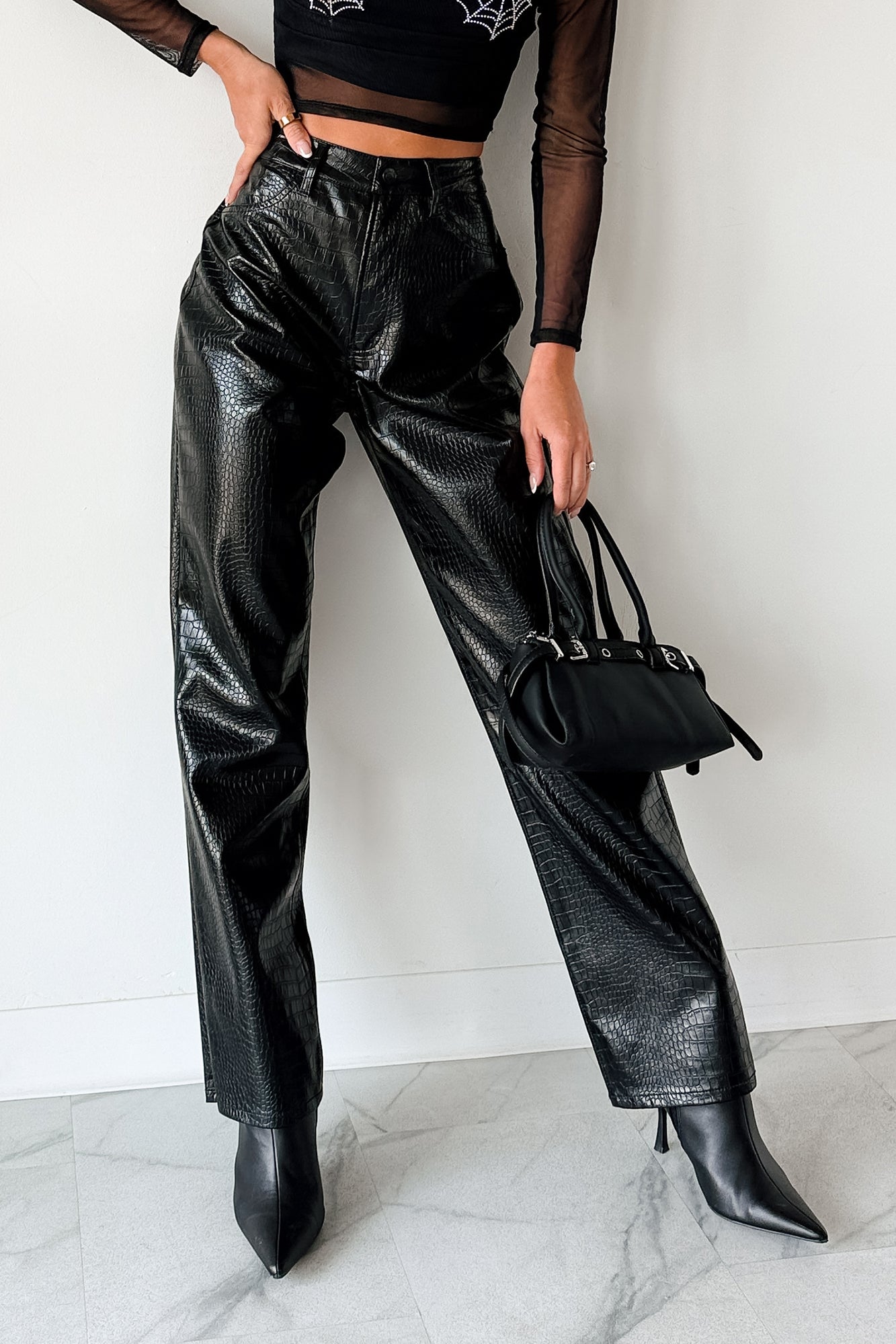 Crocodile Tears Faux Croc Straight Leg Pants (Black PU)