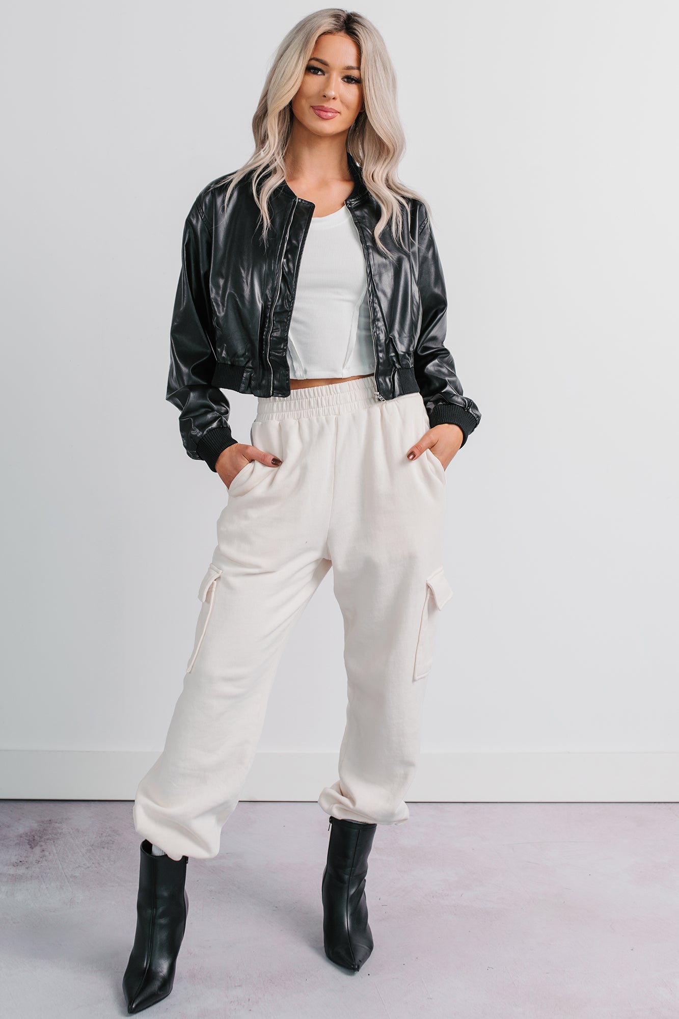 Crown Moment Faux Leather Crop Jacket (Black)