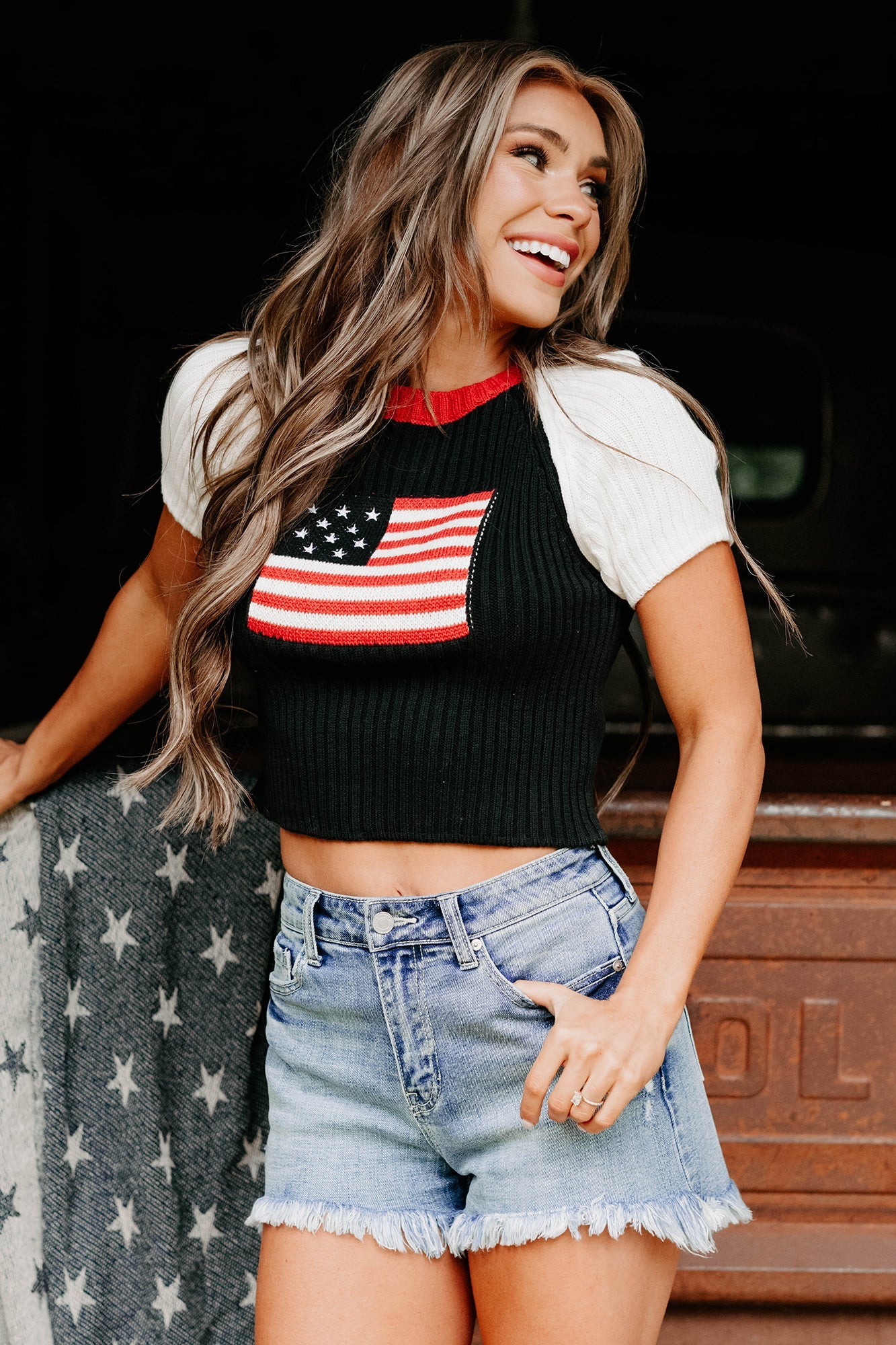 Starlet Style USA Flag Sweater Top (Black/White)