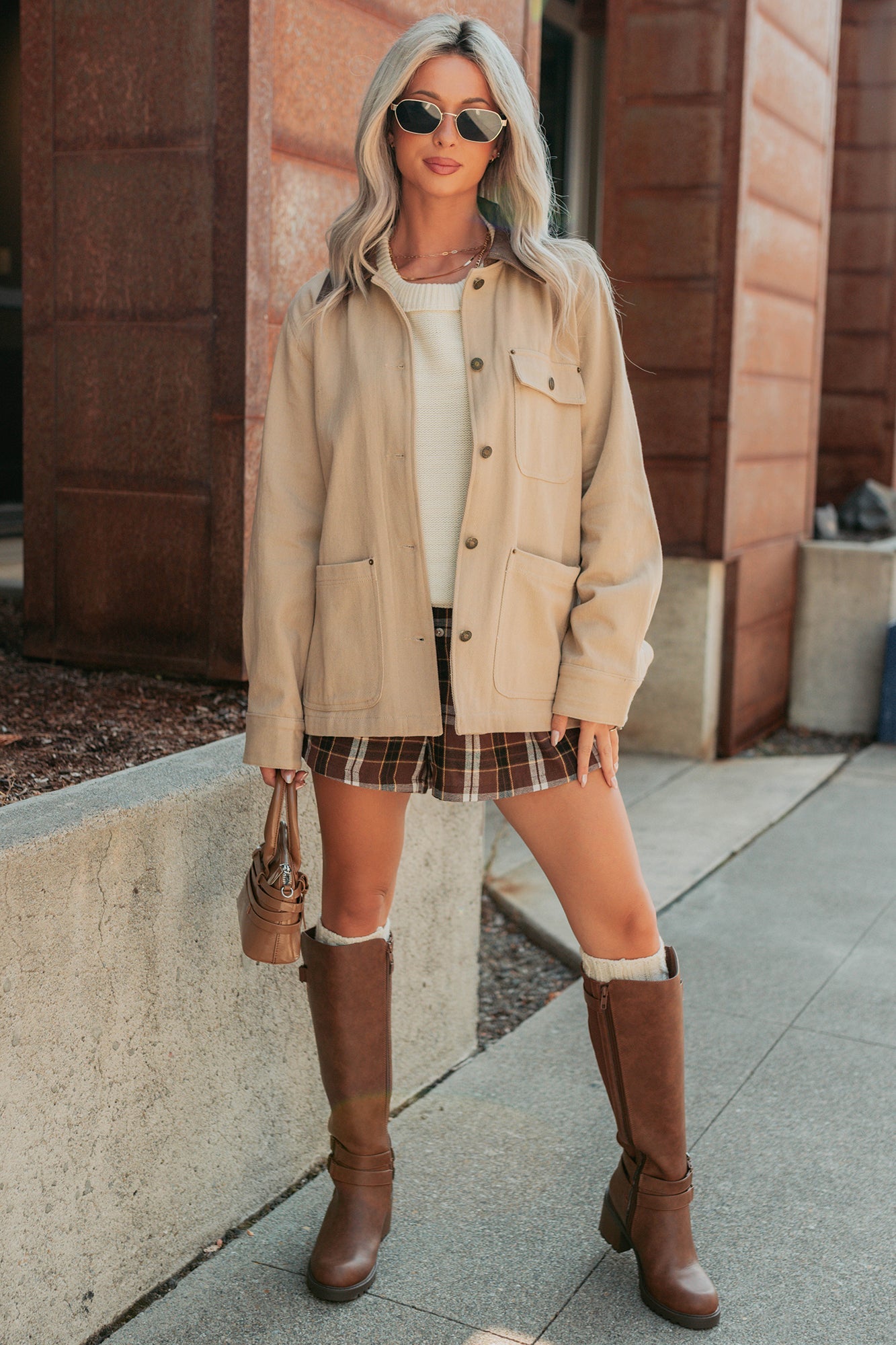 Hustle Habits Leather Collared Denim Jacket (Sand)