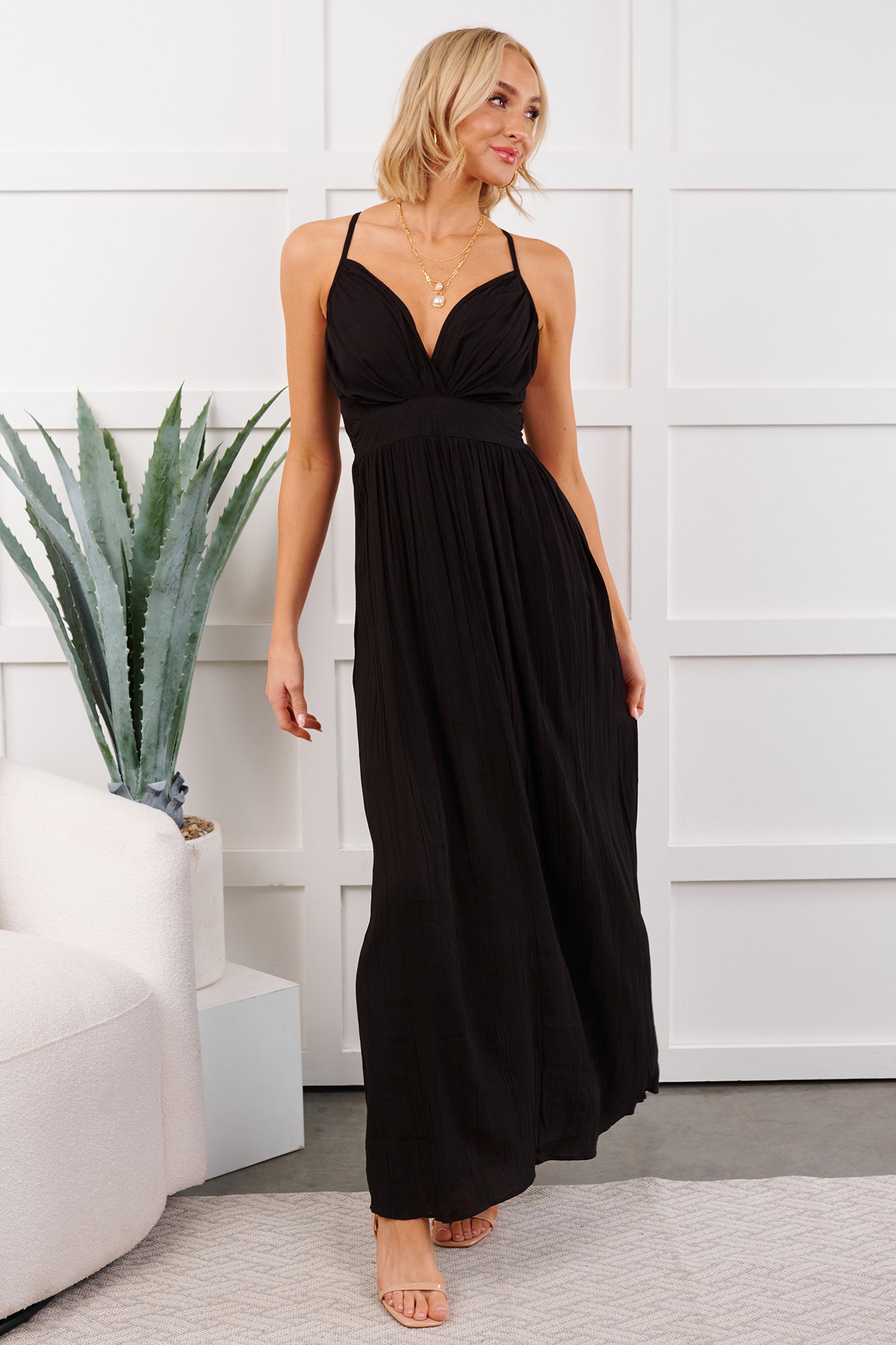 Bloom Baby Sleeveless V Neck Maxi Dress (Black)