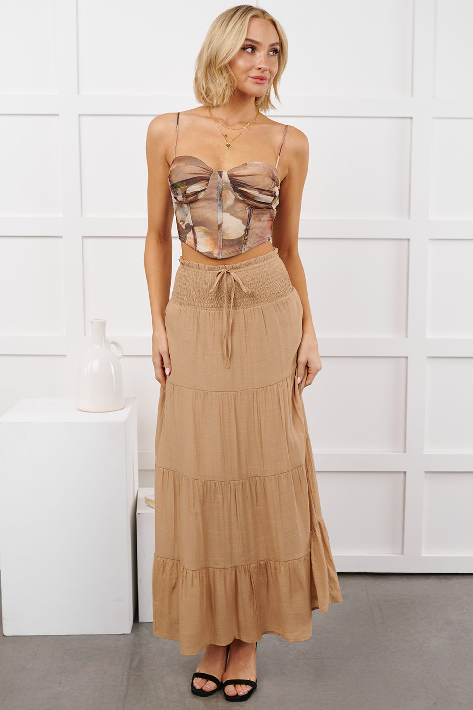 Ocean Serenade Tiered Maxi Skirt (Khaki)