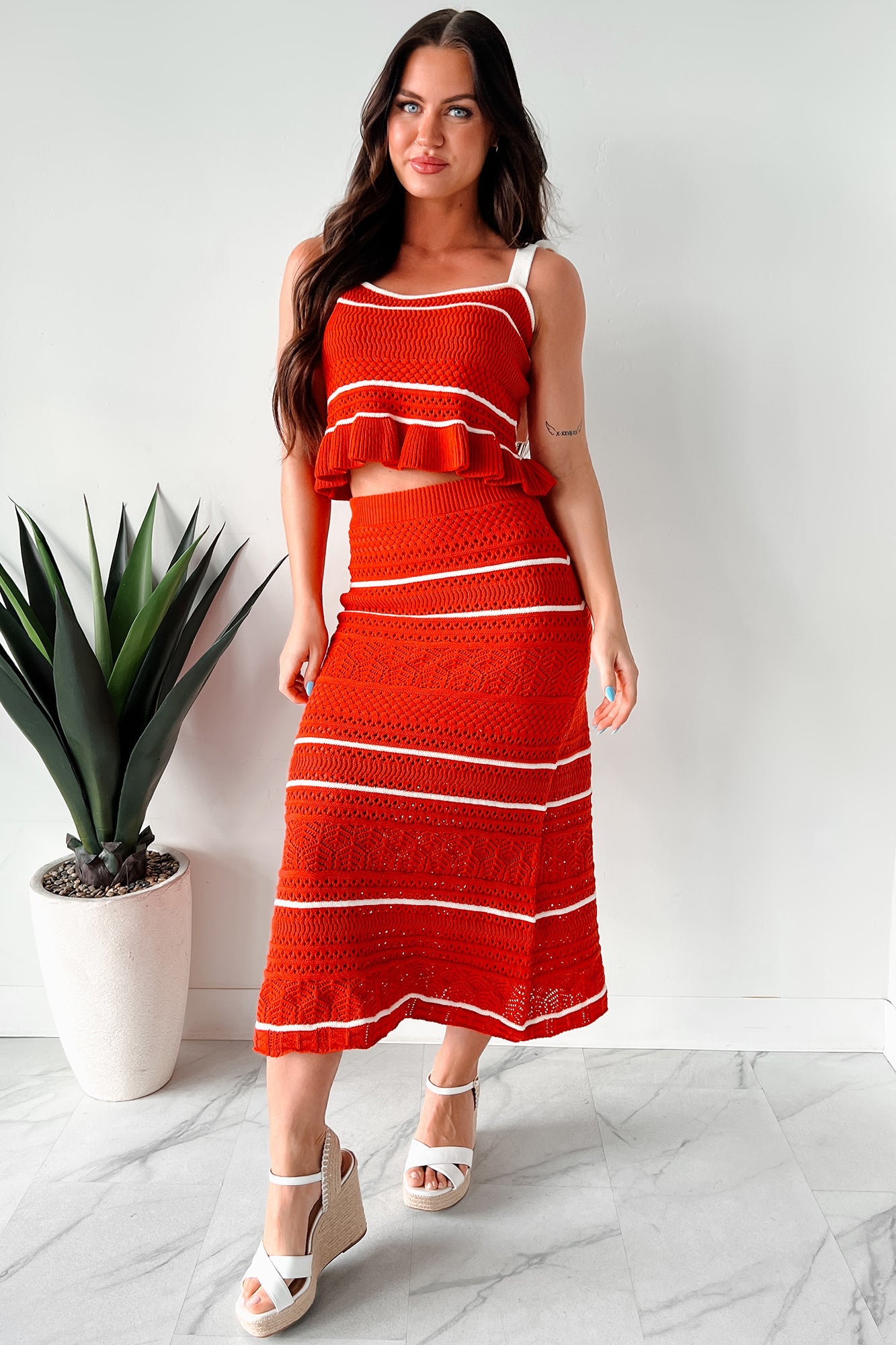 Playful & Pretty Open Knit Sweater Midi Skirt (Red Orange)
