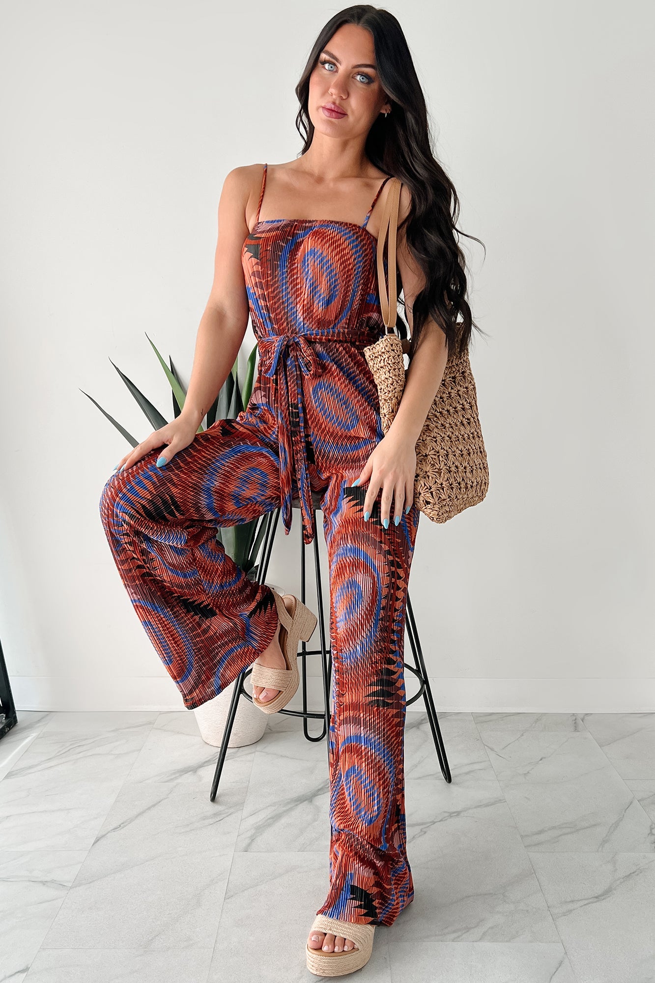 Turn Up The Volume Pleated Wide Leg Jumpsuit (Brick/Royal Blue)