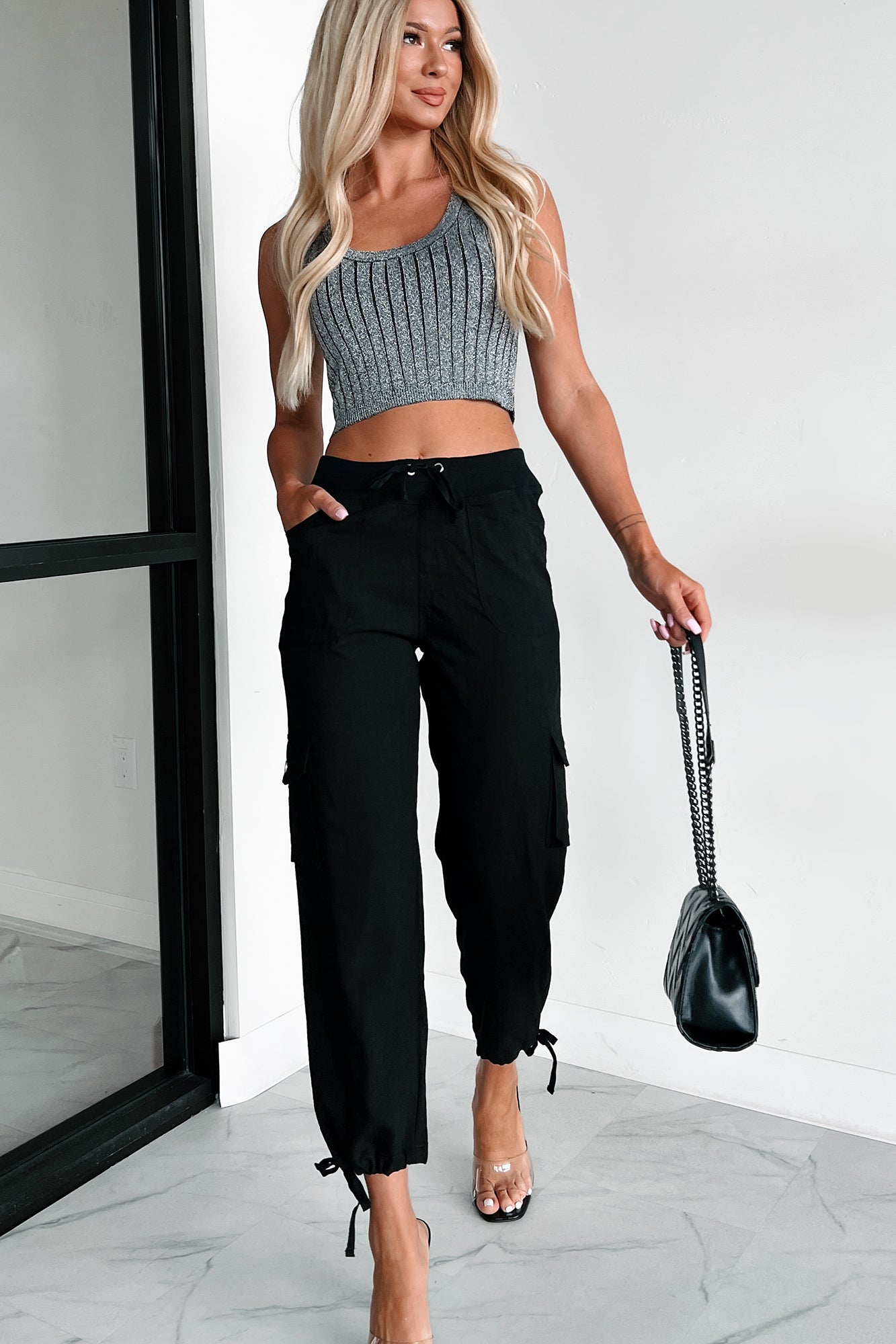 Conveniently Chic Ribbed Lurex Crop Tank (Silver)