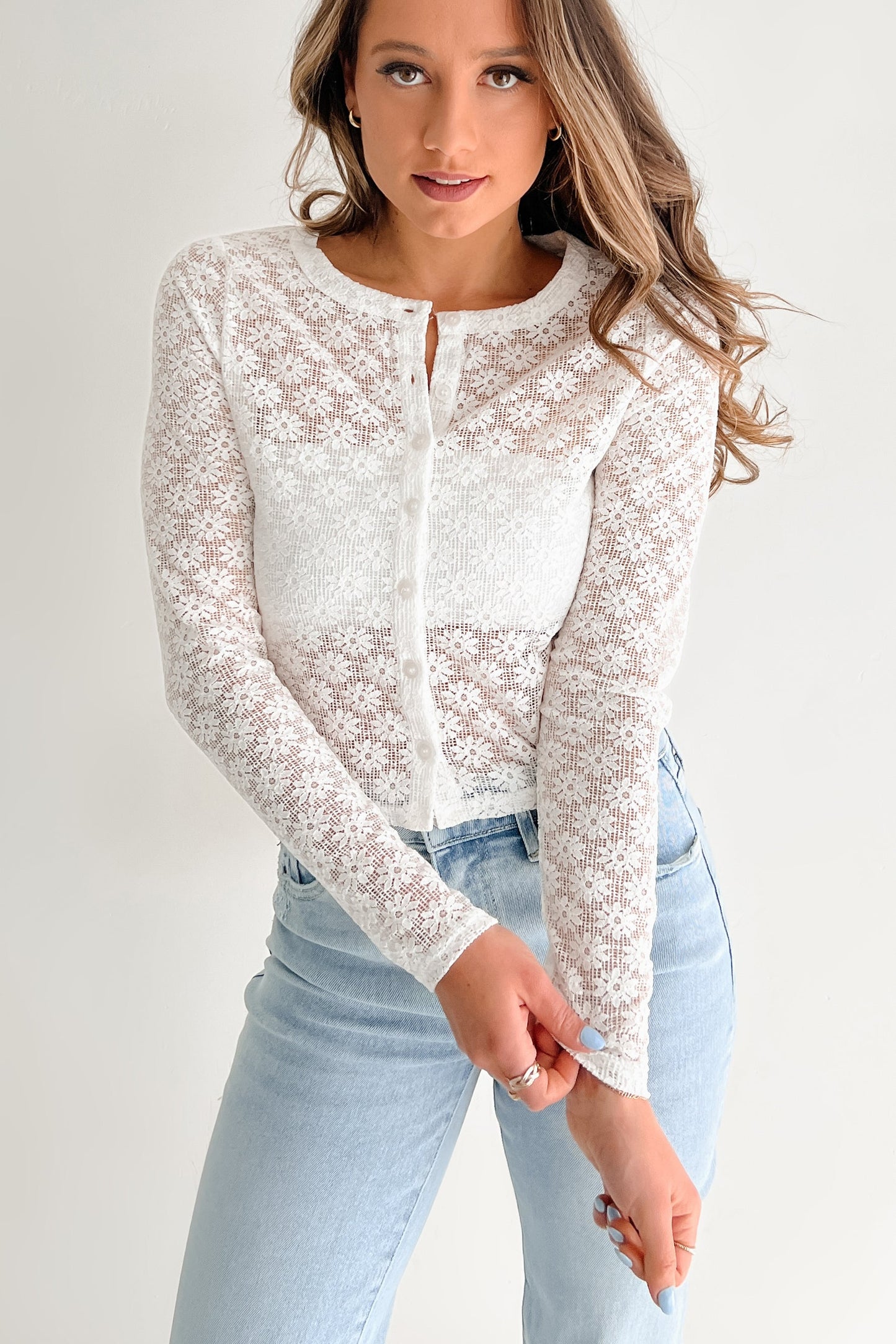 Can't Resist You Lace Button-Up Top (White)