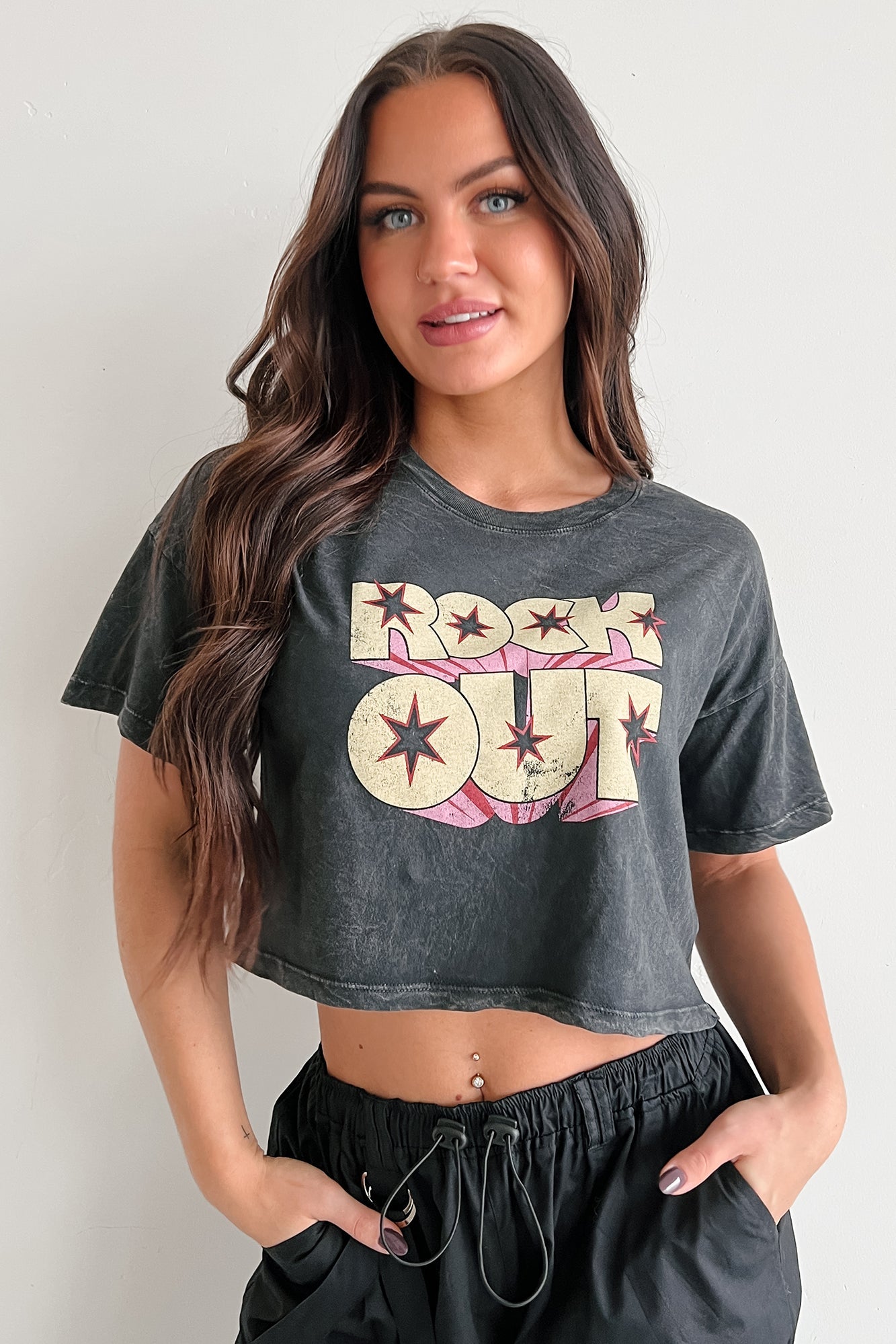 "Rock Out" Graphic Crop Tee (Charcoal)