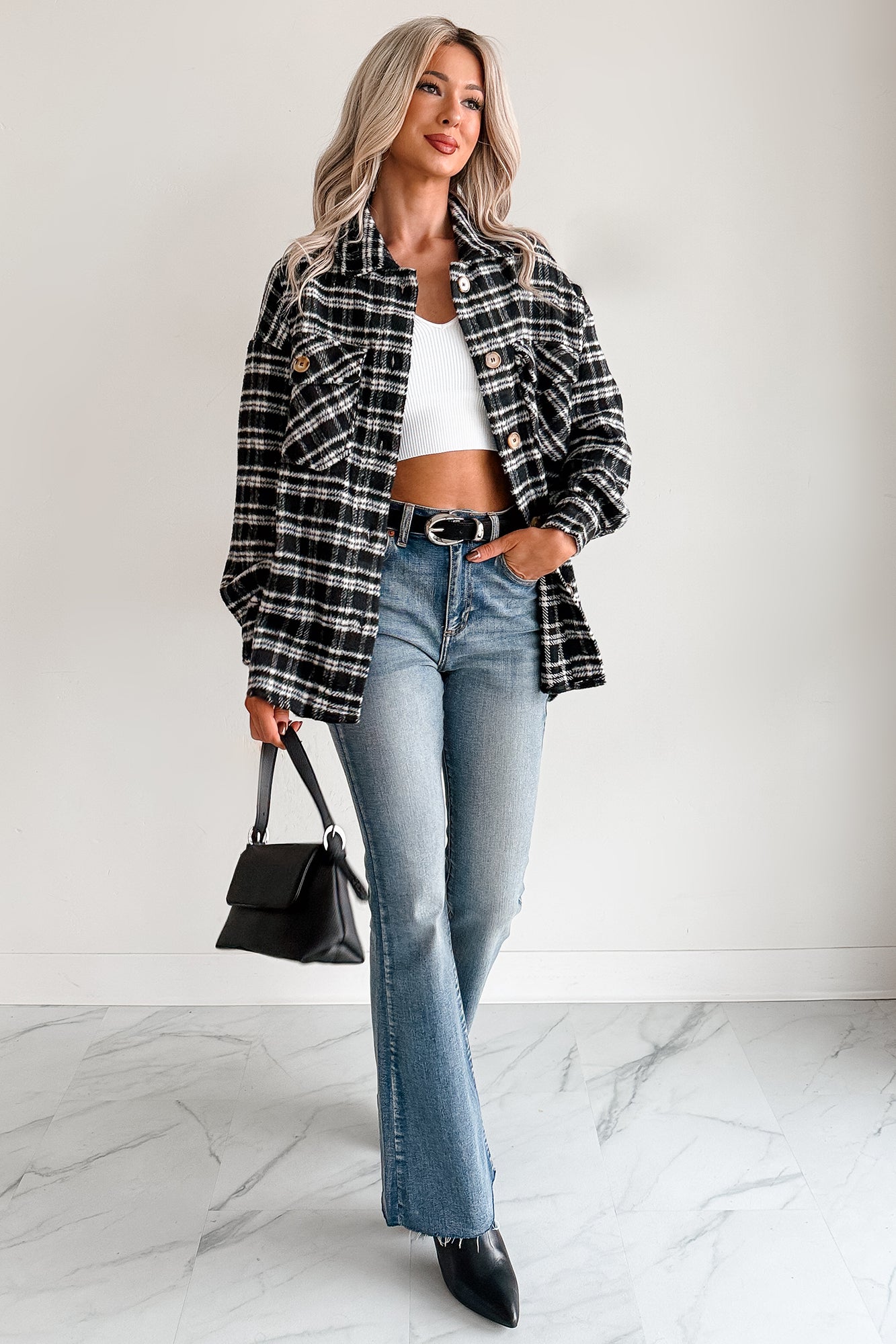 Laid Back Life Plaid Long Sleeve Shacket (Black)