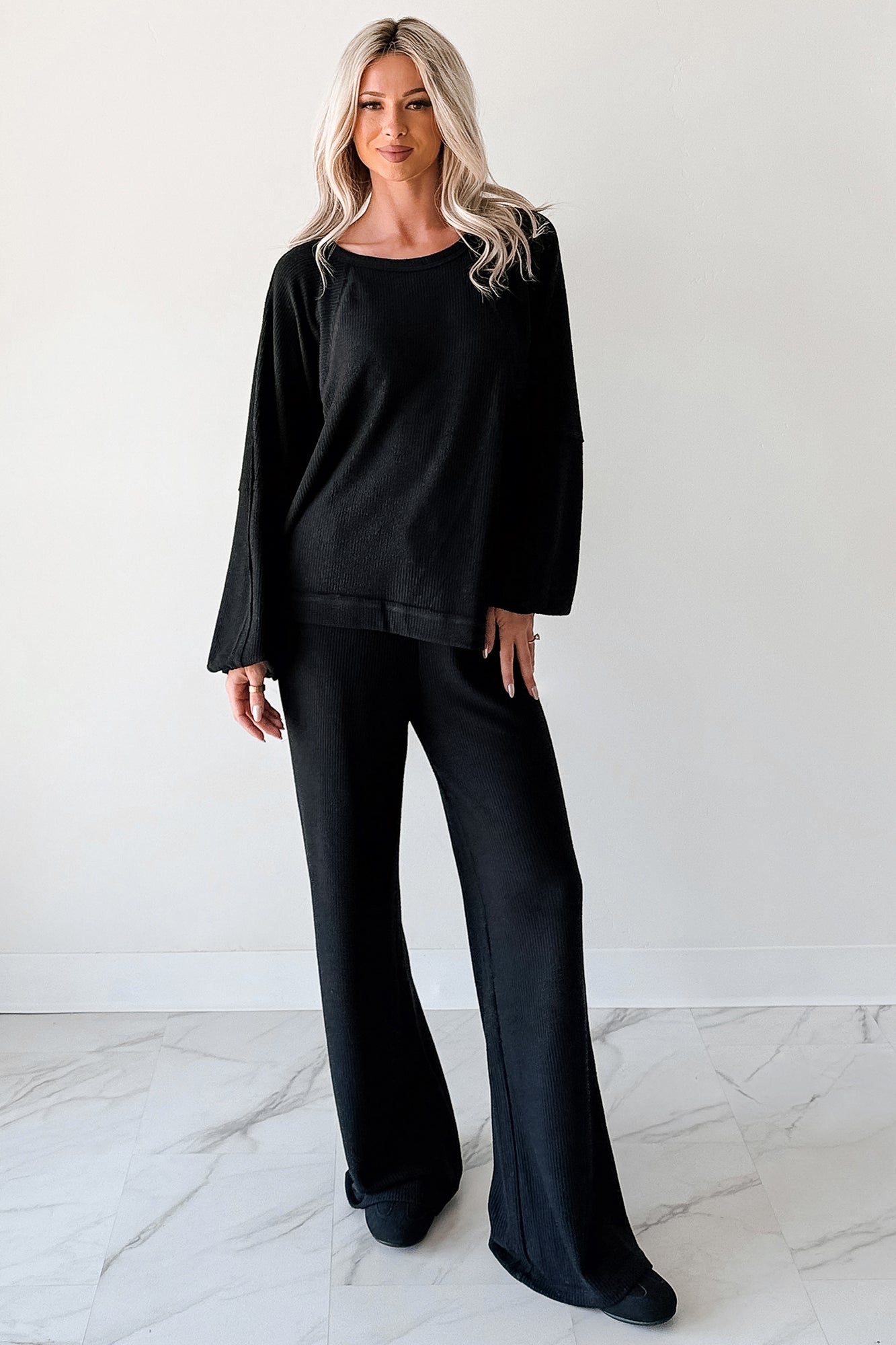 Beyond Horizons Waffle Knit Wide Leg Pants (Black)