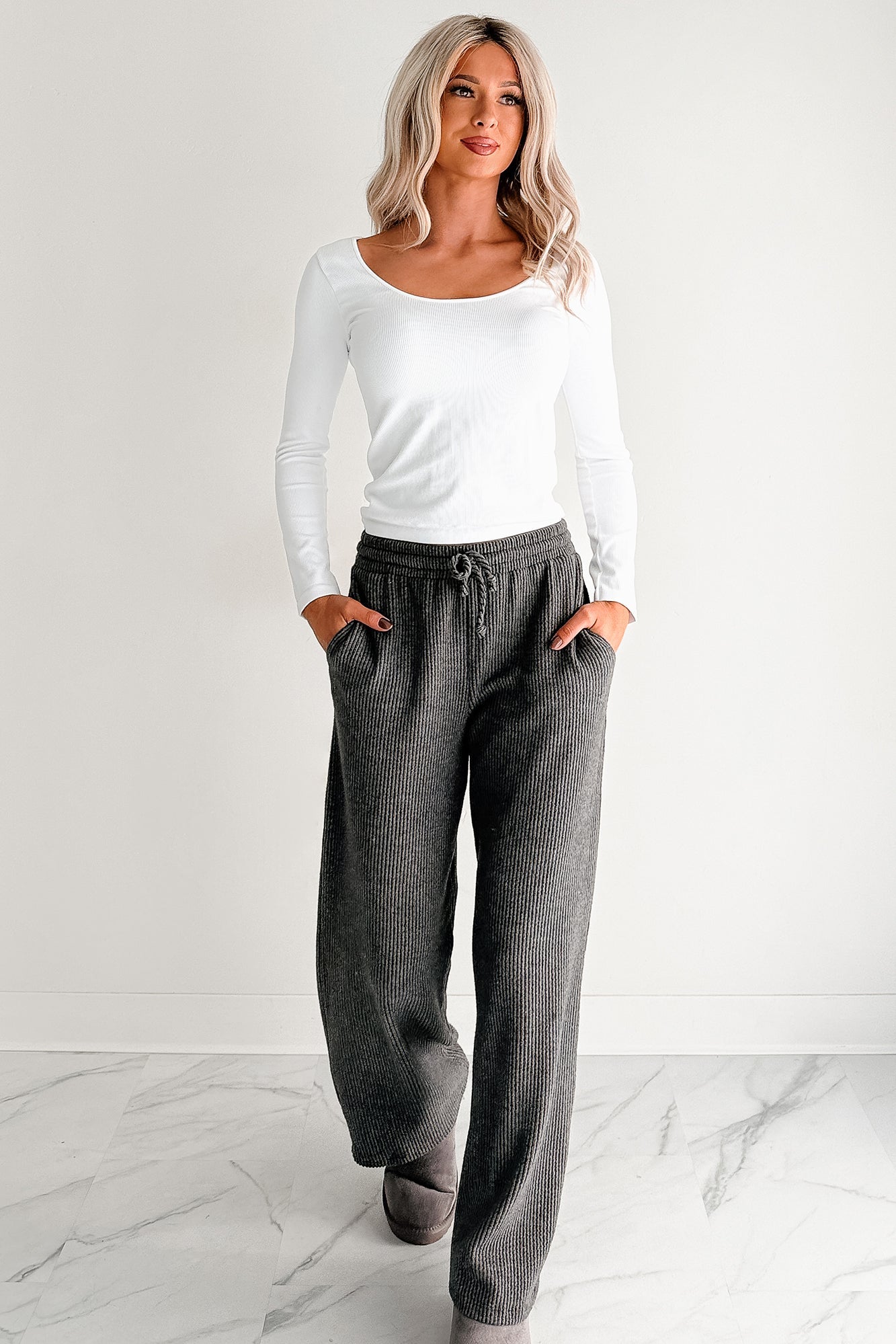 Cozy Feeling Ribbed Wide Leg Pants (Charcoal)
