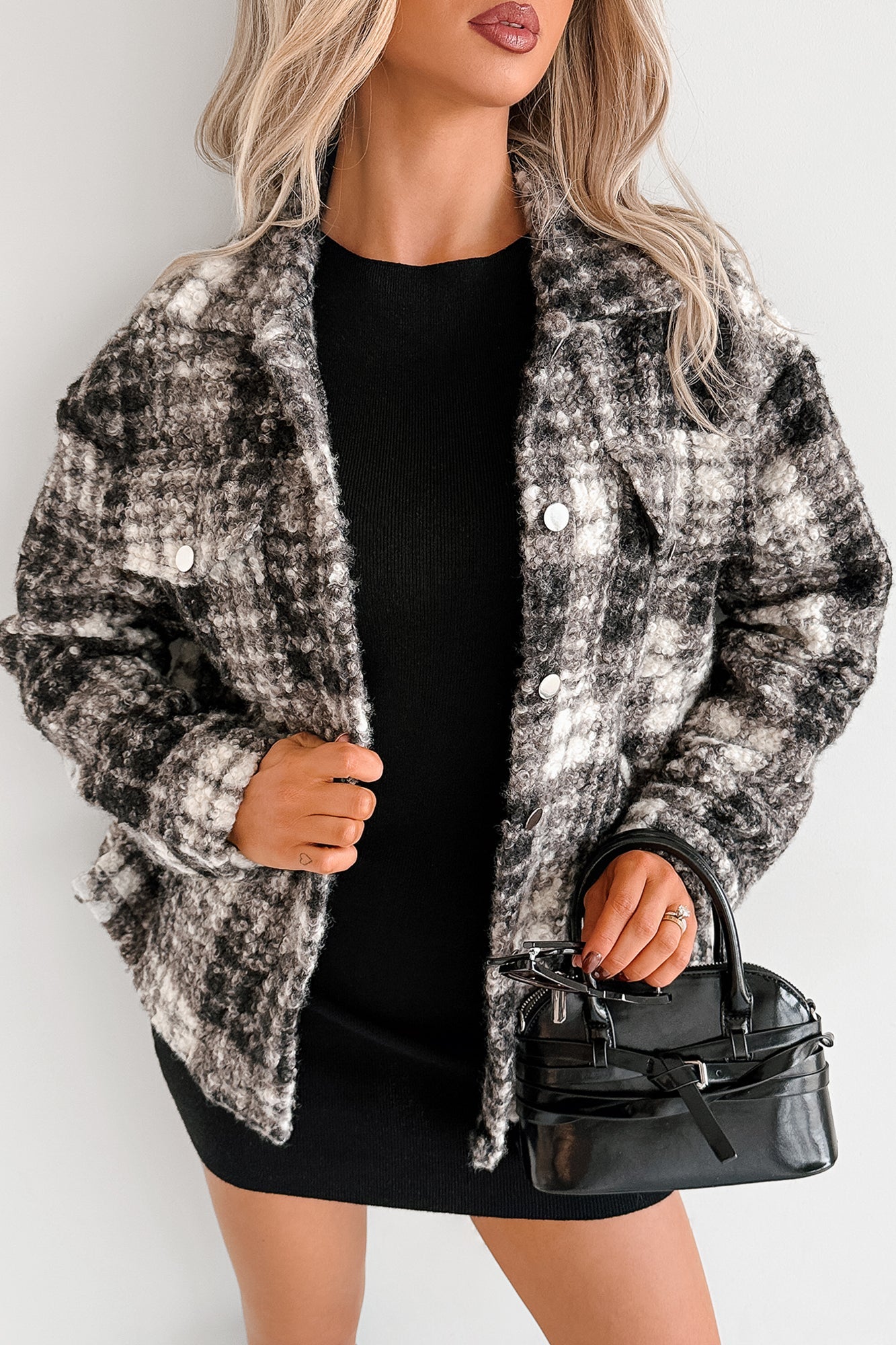 Deadline Driven Plaid Boucle Button-Up Jacket (Black)