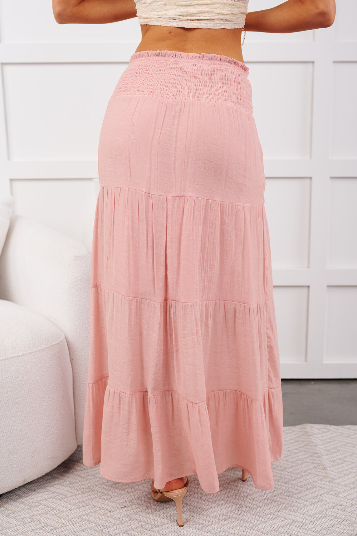Ocean Serenade Tiered Maxi Skirt (Pink Stone)
