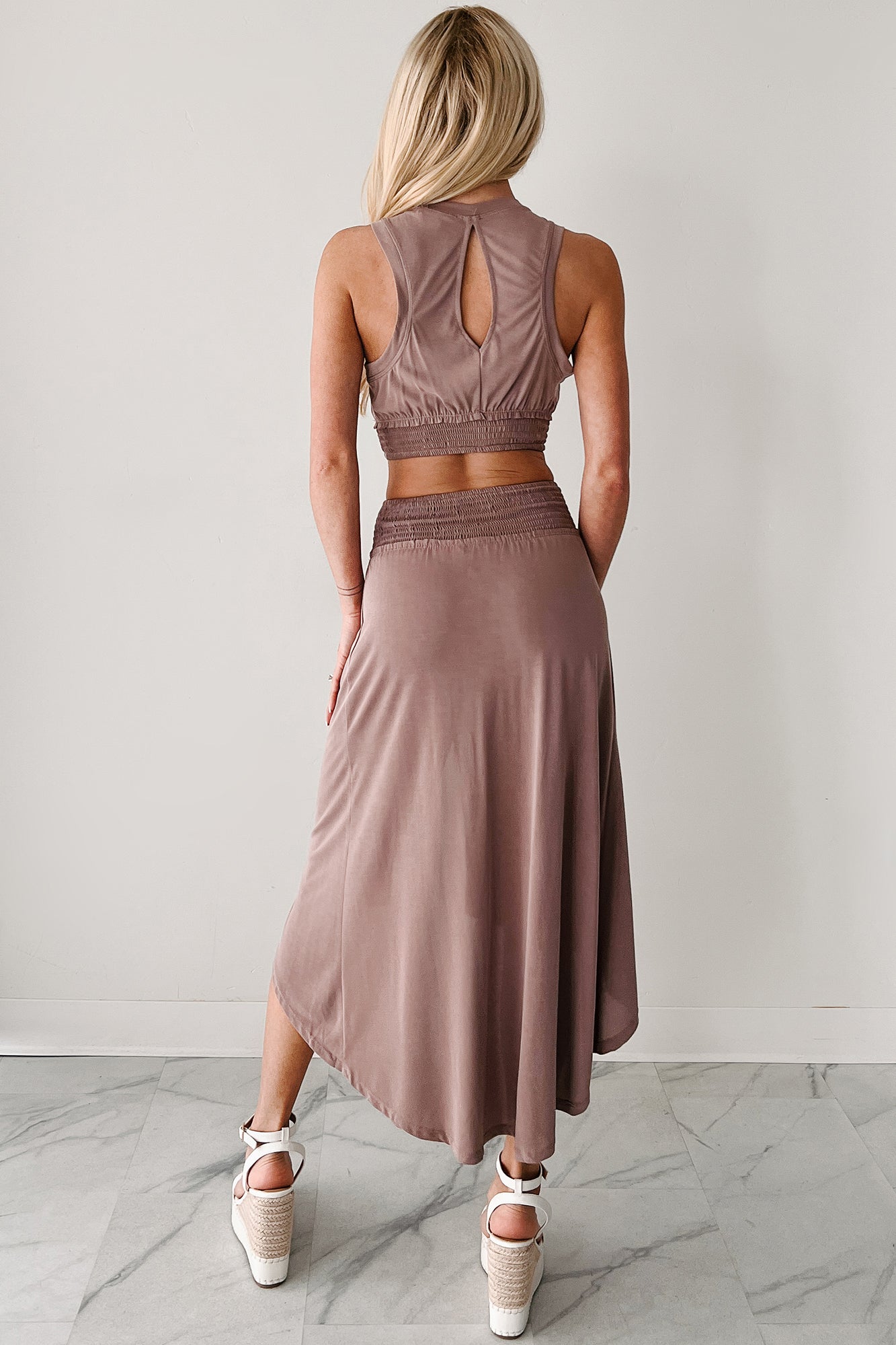 Soft Skies High Low Smocked Waist Skirt (Dark Taupe)