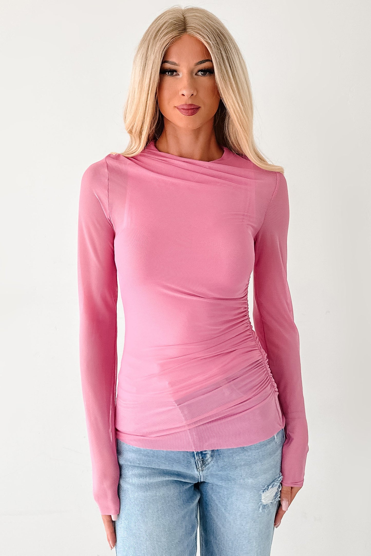 Sheer Happiness Fore Mesh Long Sleeve Top (Bubble Gum)