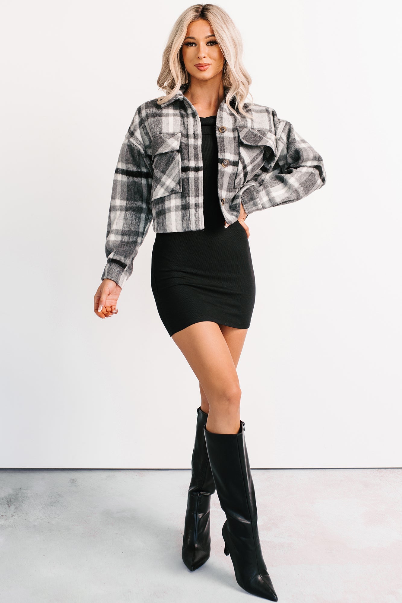 Can't Relate Plaid Button-Down Shacket (Charcoal)