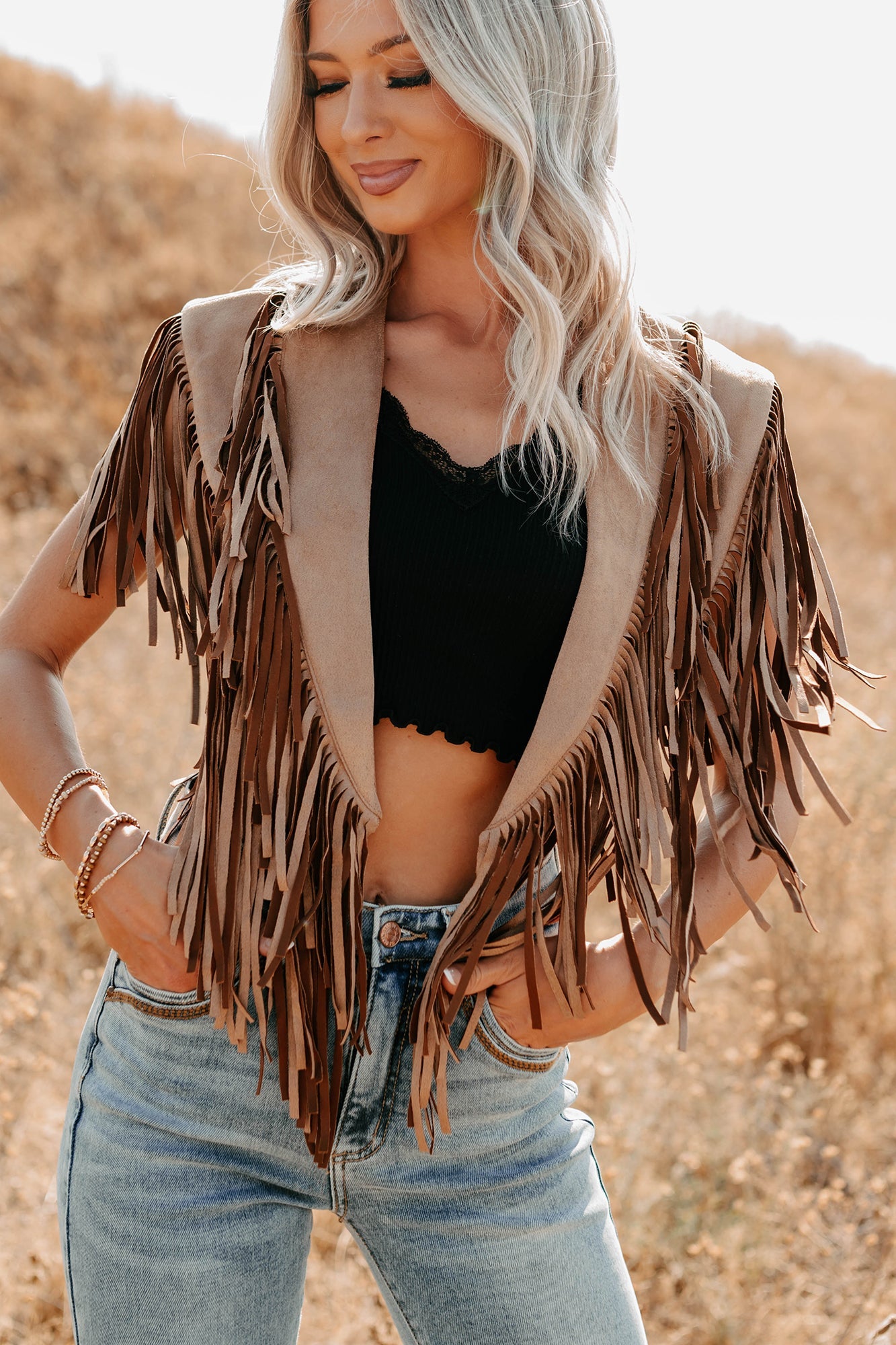 Midnight Range Faux Suede Collared Fringe Shawl (Tan)
