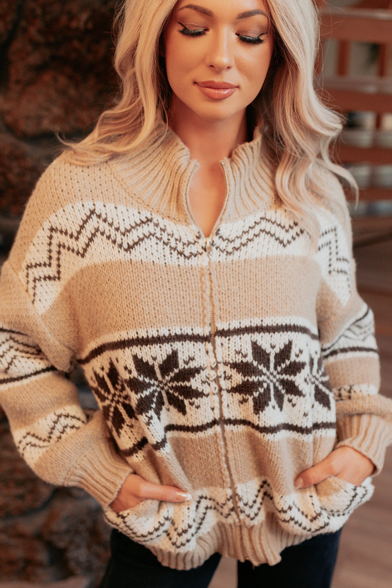 Easy Layers Cable Knit Fair Isle Jacket (Brown/White)