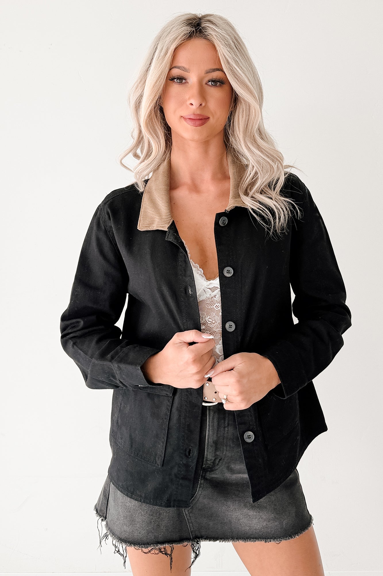 Into The Unknown Denim Contrast Corduroy Collar Jacket (Black)