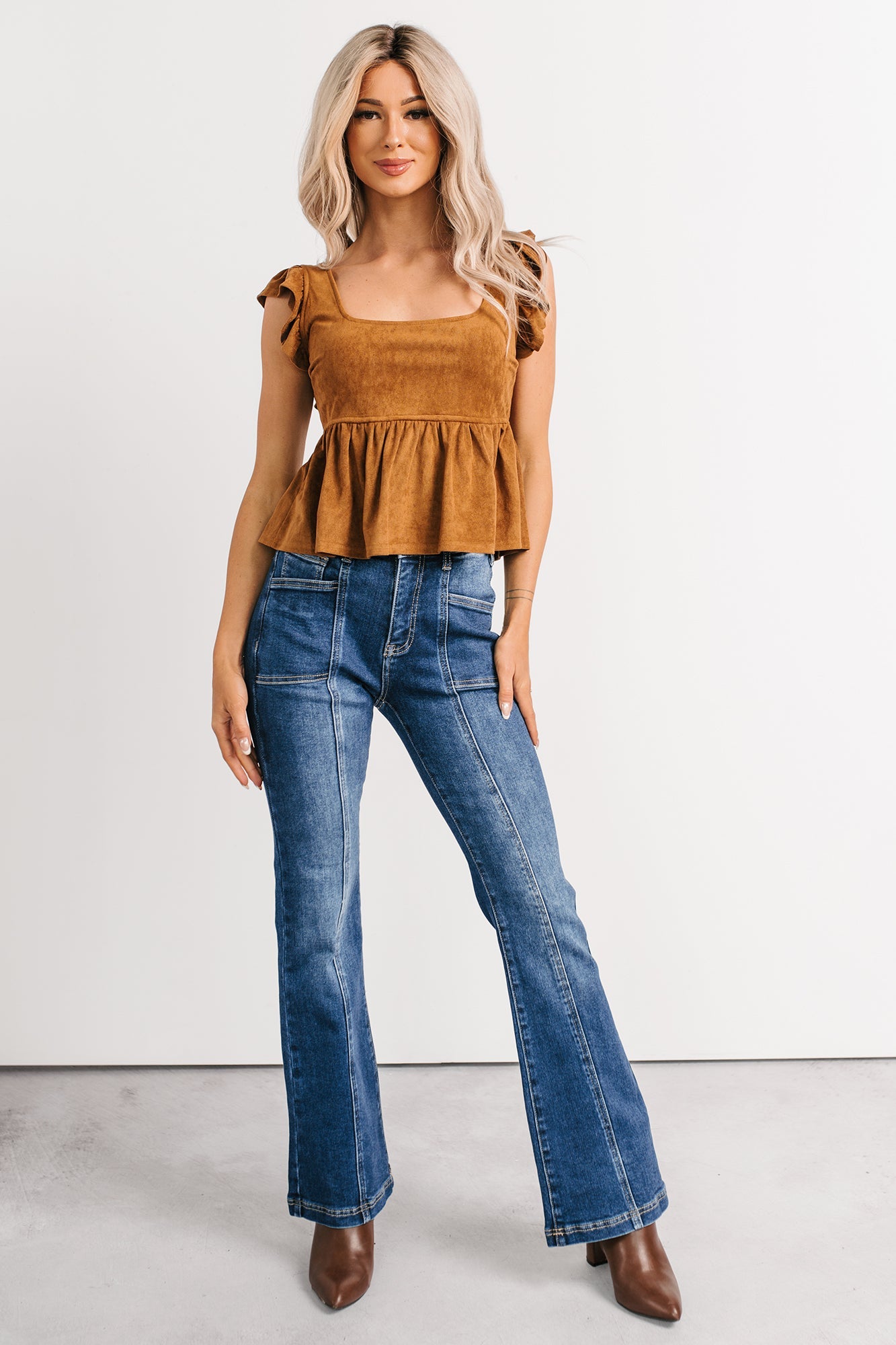 For The Girls Faux Suede Peplum Top (Camel)
