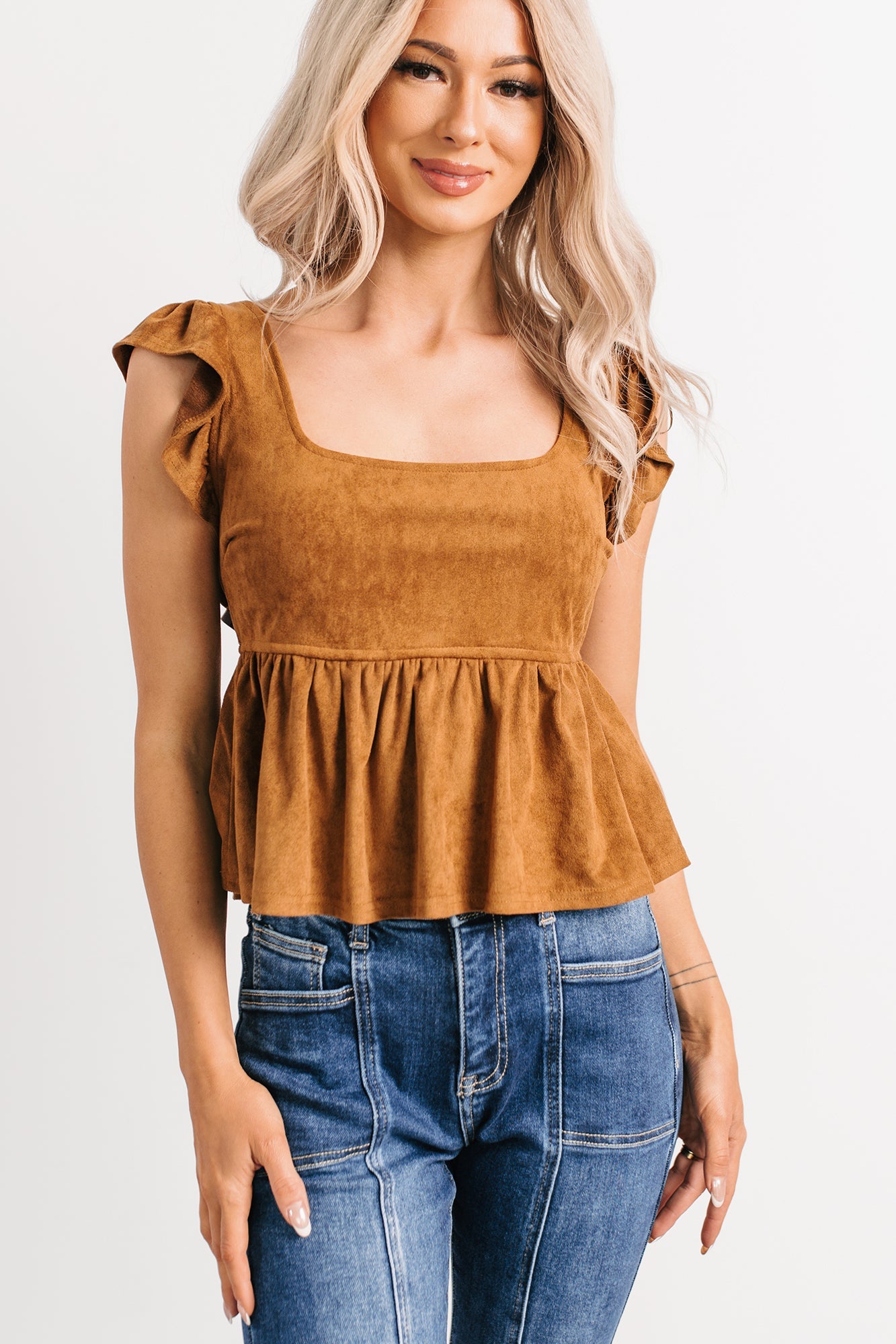 For The Girls Faux Suede Peplum Top (Camel)