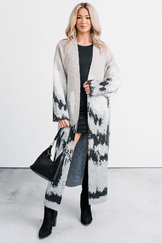 Alpine Trail Abstract Mountain Duster Cardigan (Oatmeal)