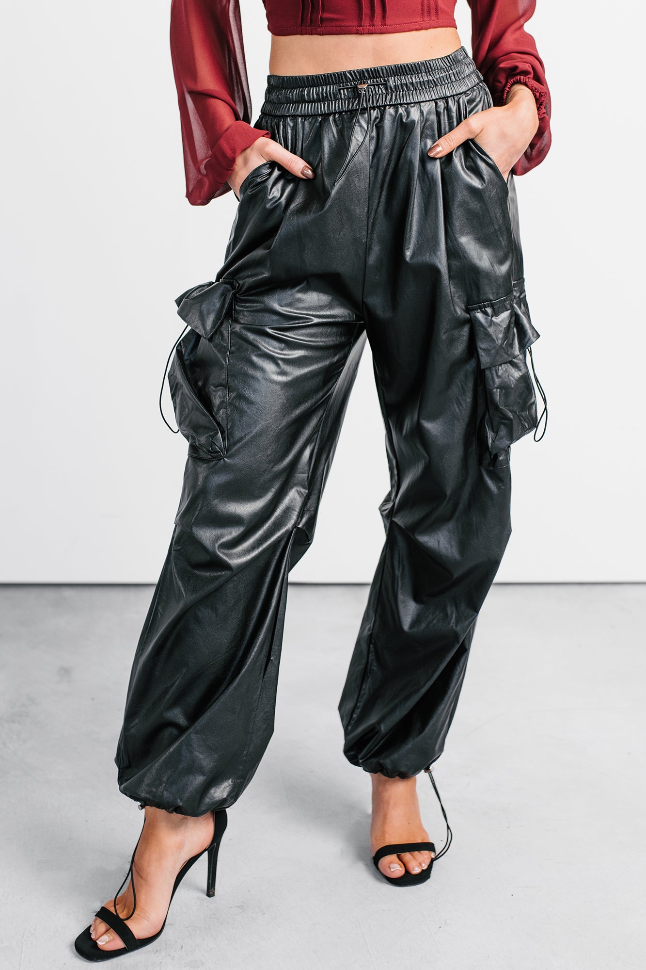 Don't Be Shy Faux Leather Cargo Pants (Black)