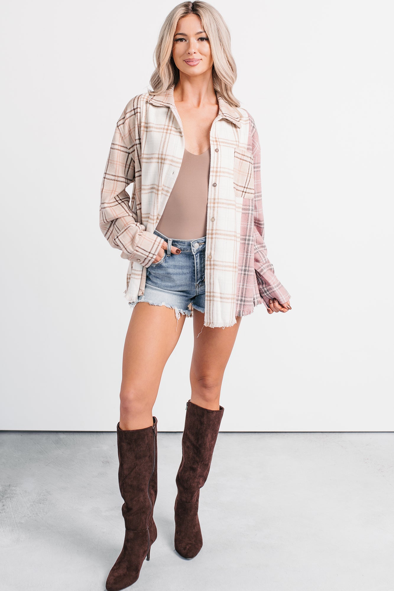Chill Hour Oversized Mixed Plaid Shacket (Multi/Pink)