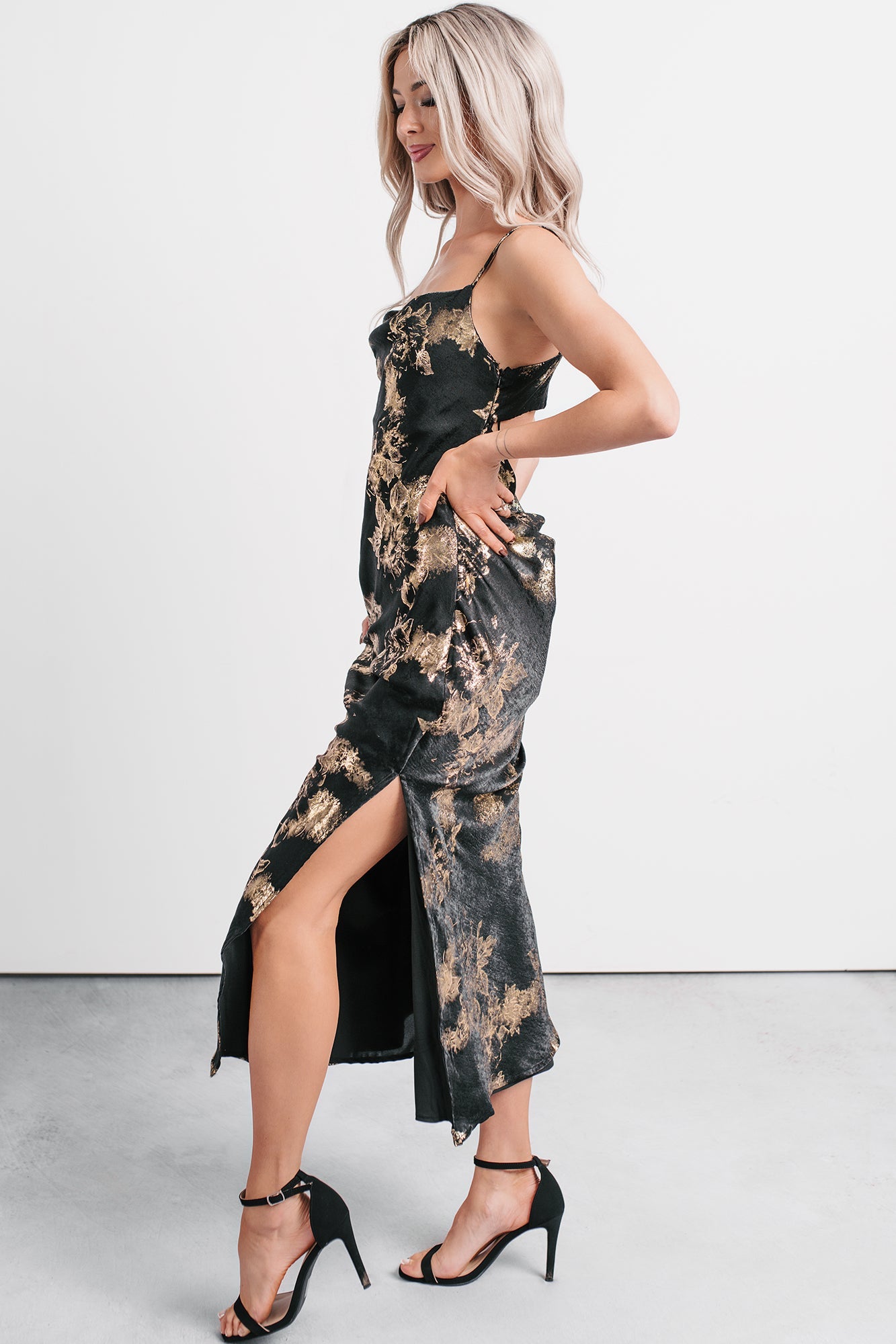 Love Bomb Cutout Back Floral Maxi Dress (Black/Gold)