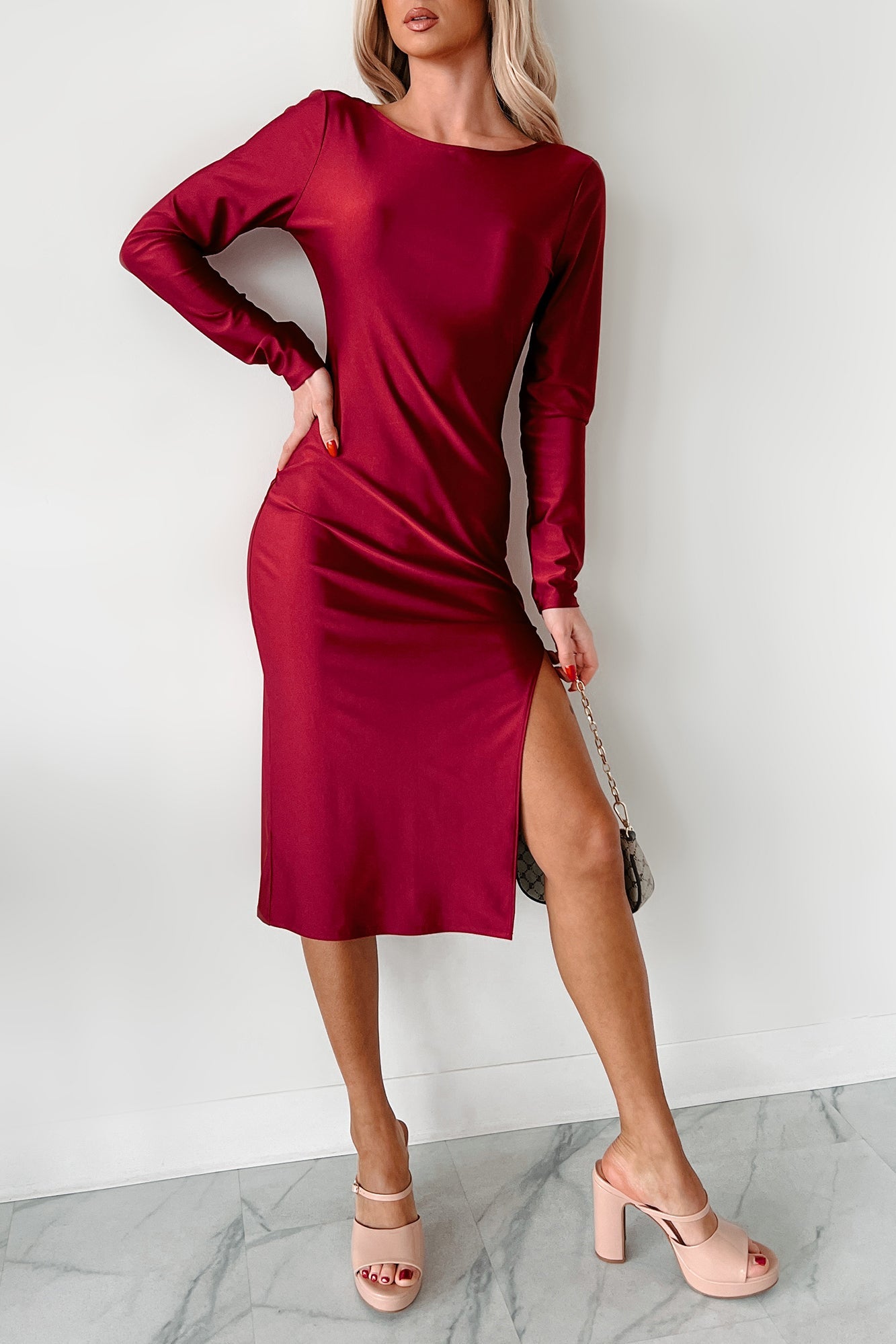 Style Essence Long Sleeve Midi Dress (Burgundy Red)