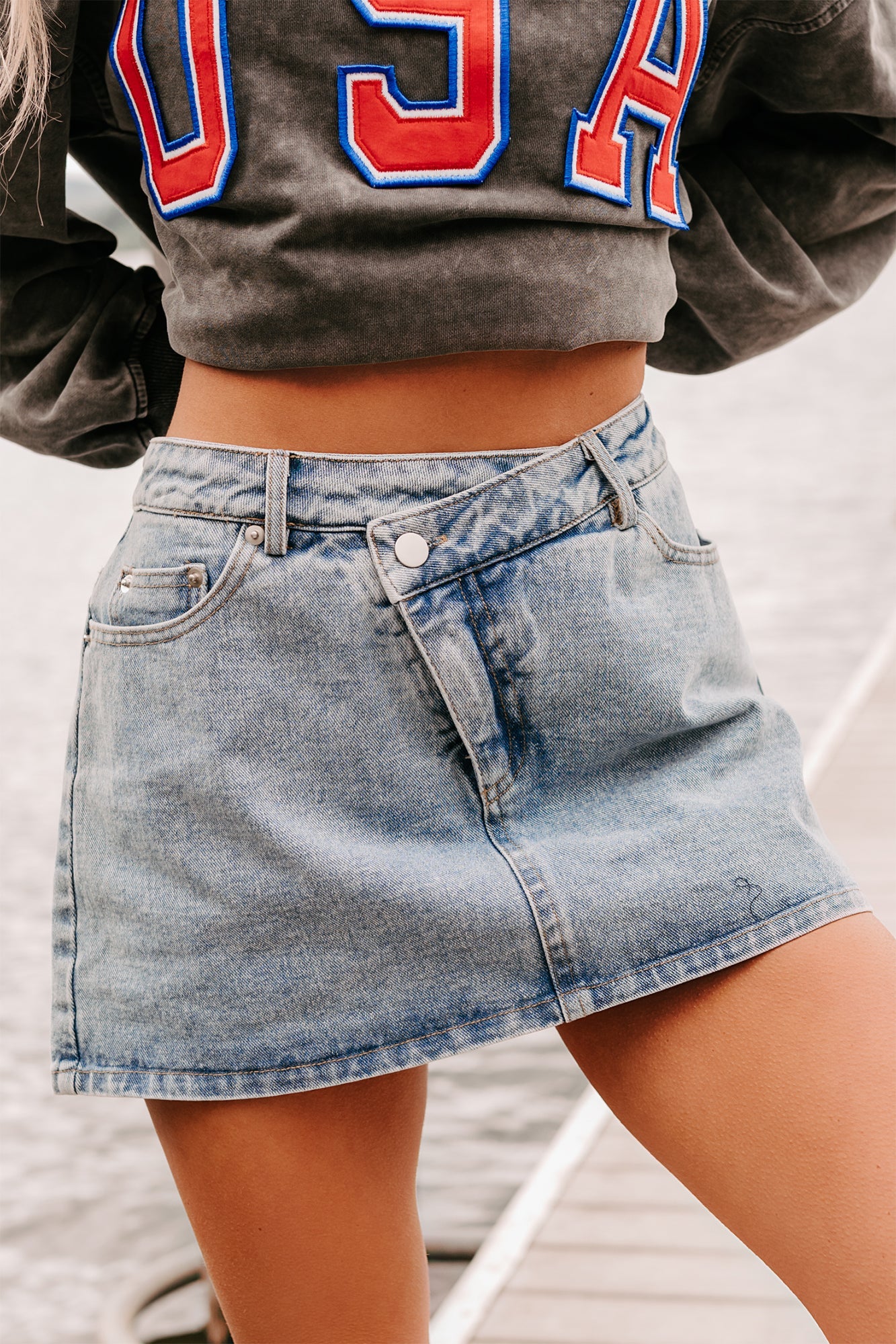 Babe Behavior Mid Rise Denim Mini Skort (Light)