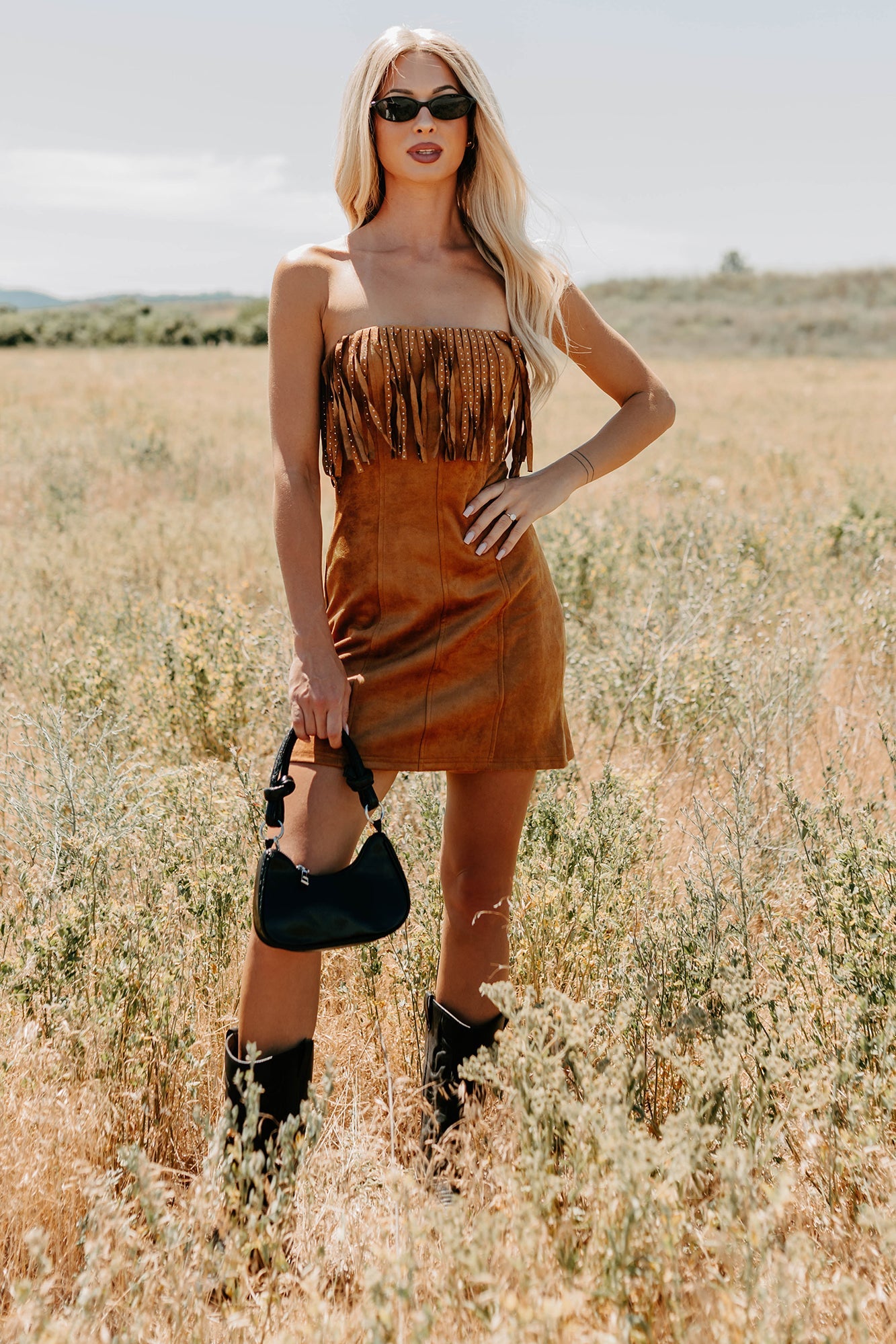 Country Dreams Suede Fringe Mini Dress (Brown)