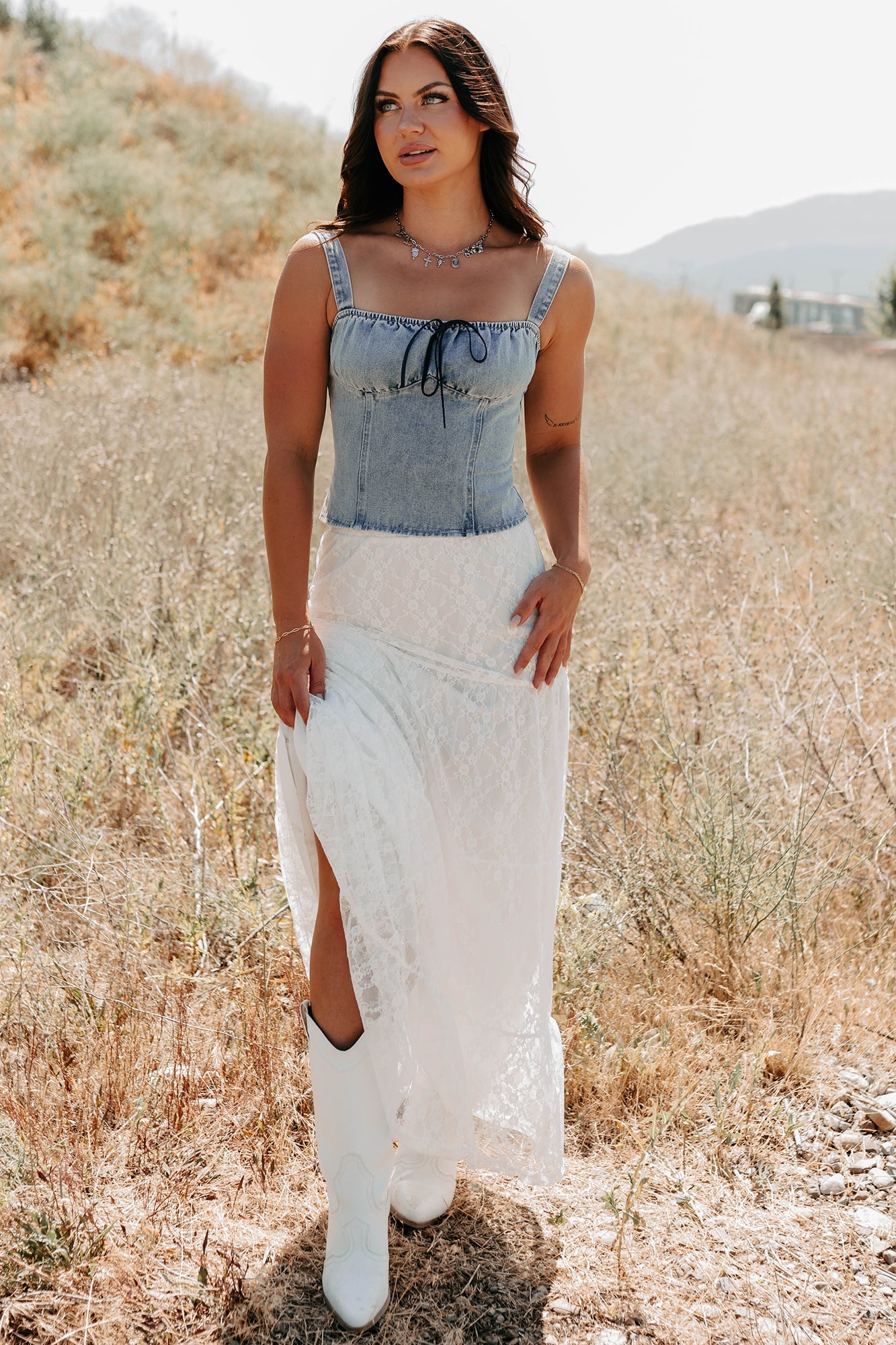 Golden Haze Floral Lace Tiered Maxi Skirt (Off White)