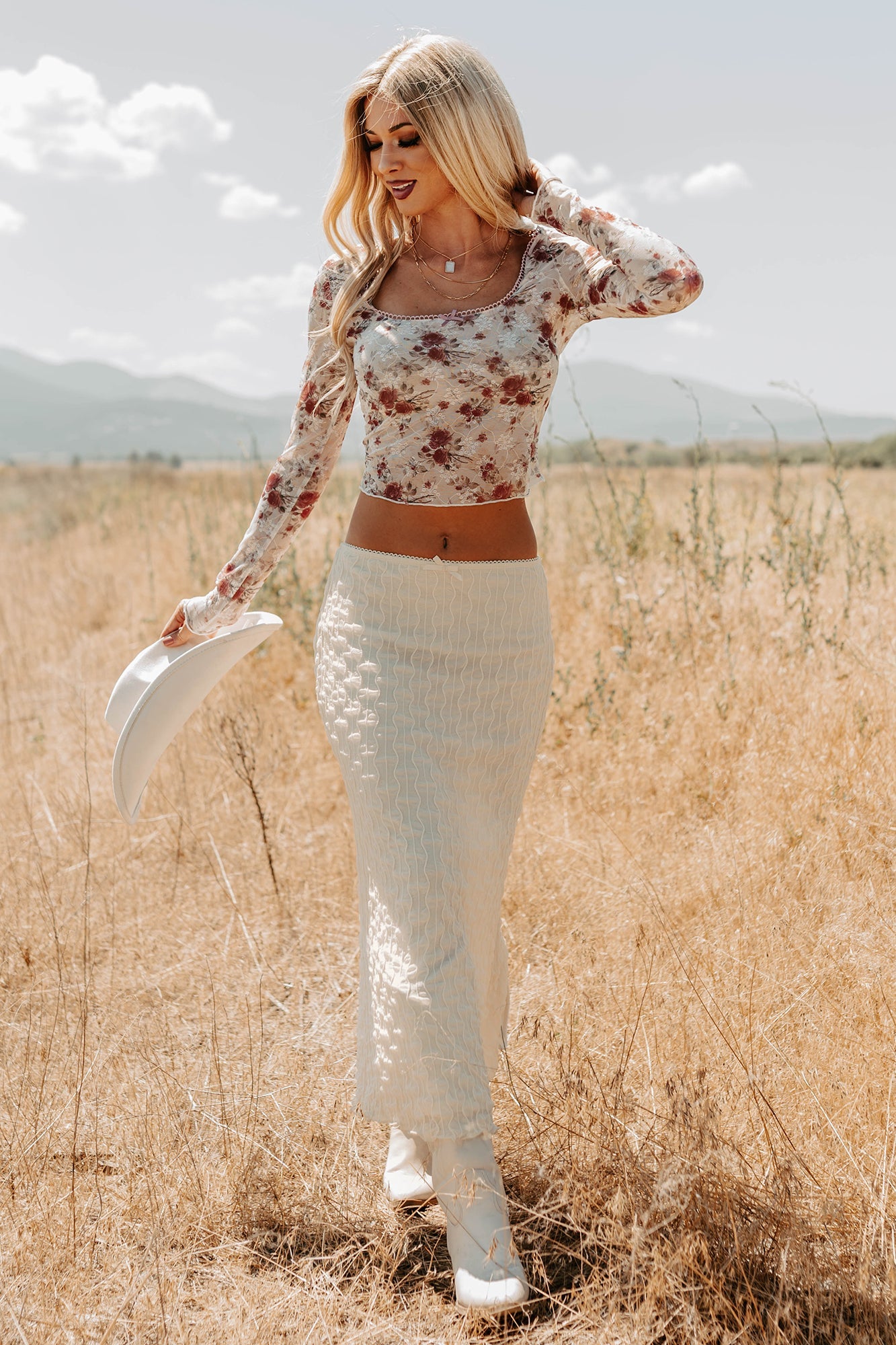 Polished Ease Textured Lace Maxi Skirt (Ivory)