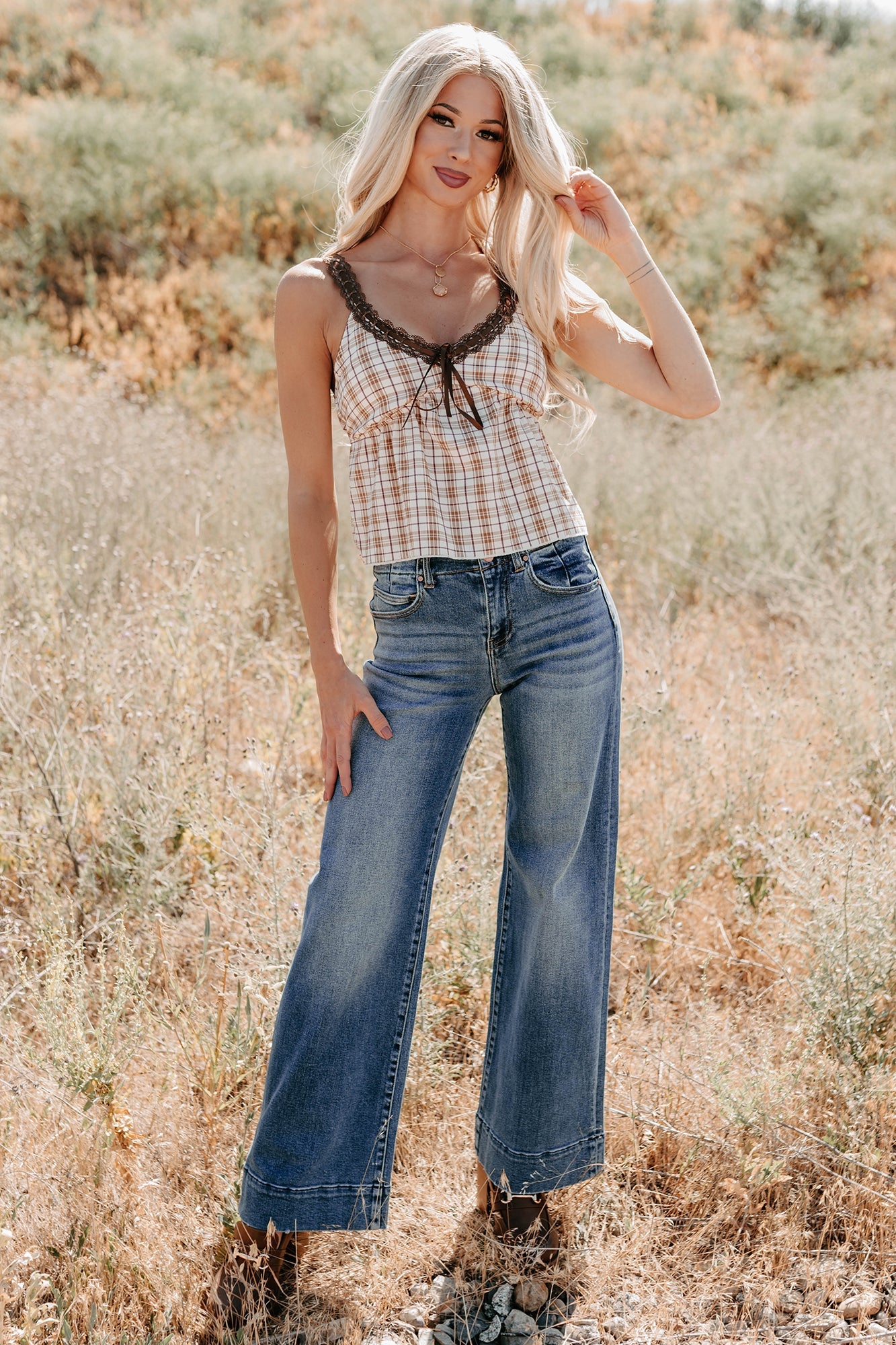 Girly & Dreamy Plaid Tank Top (Cream/Brown)