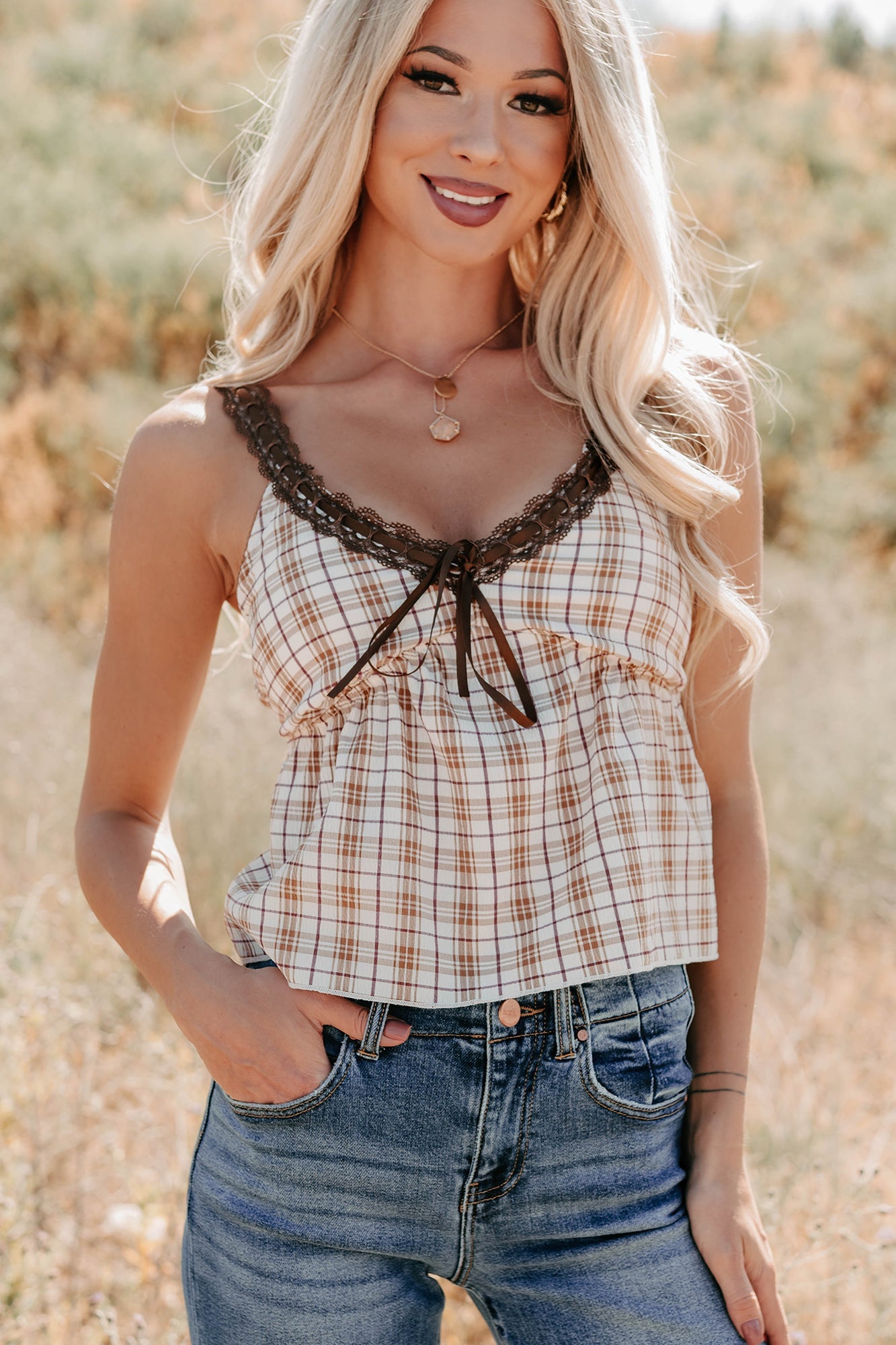 Girly & Dreamy Plaid Tank Top (Cream/Brown)