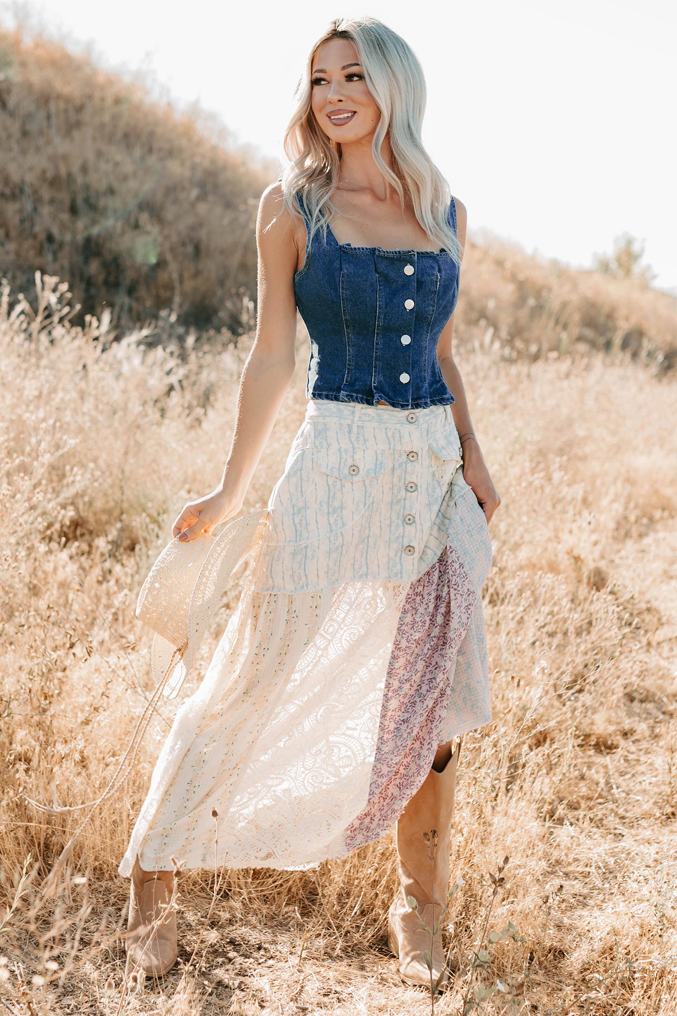 Moonlit Path Patchwork Maxi POL Skirt (Blue/Multi)